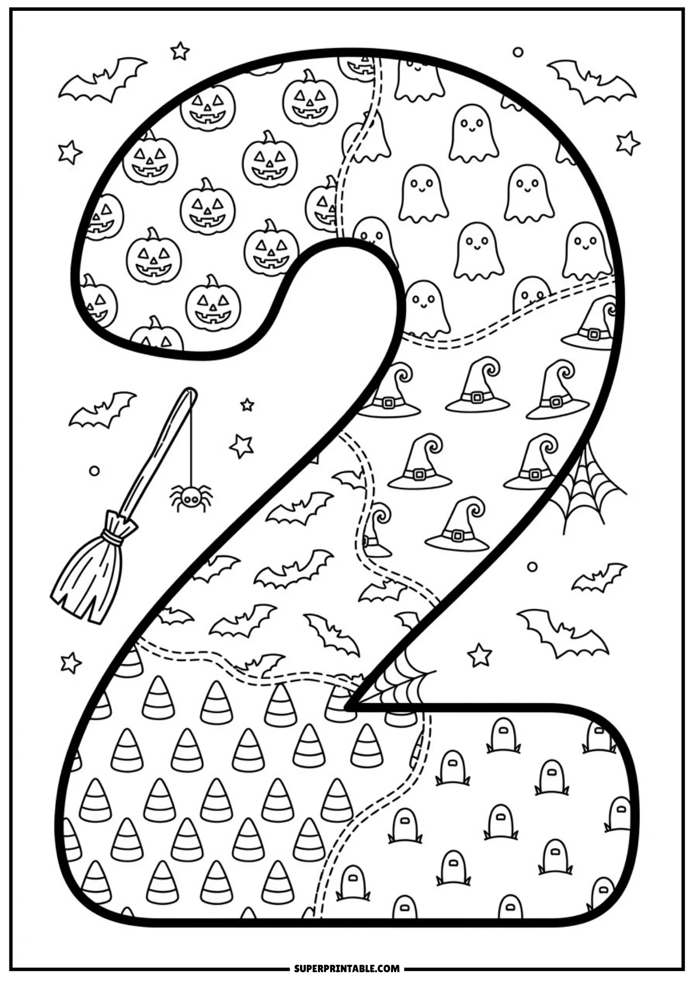 A large number two decorated with patchwork patterns of jack-o'-lanterns, ghosts, witch hats, bats, candy corn, and graves, with a broomstick and spider on the side.