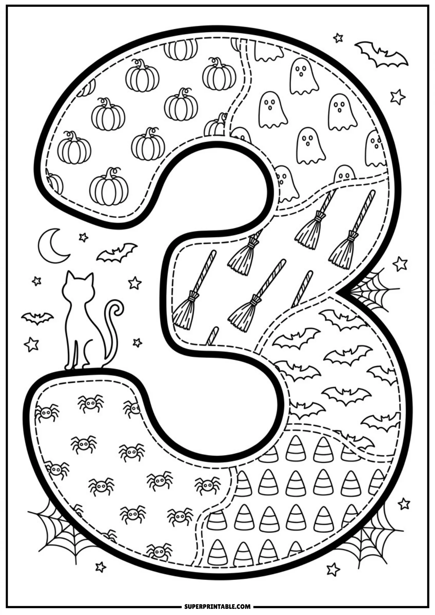 A large number three showing patchwork sections with pumpkins, ghosts, broomsticks, bats, candy corn, and spiders, with a black cat sitting beside the number.