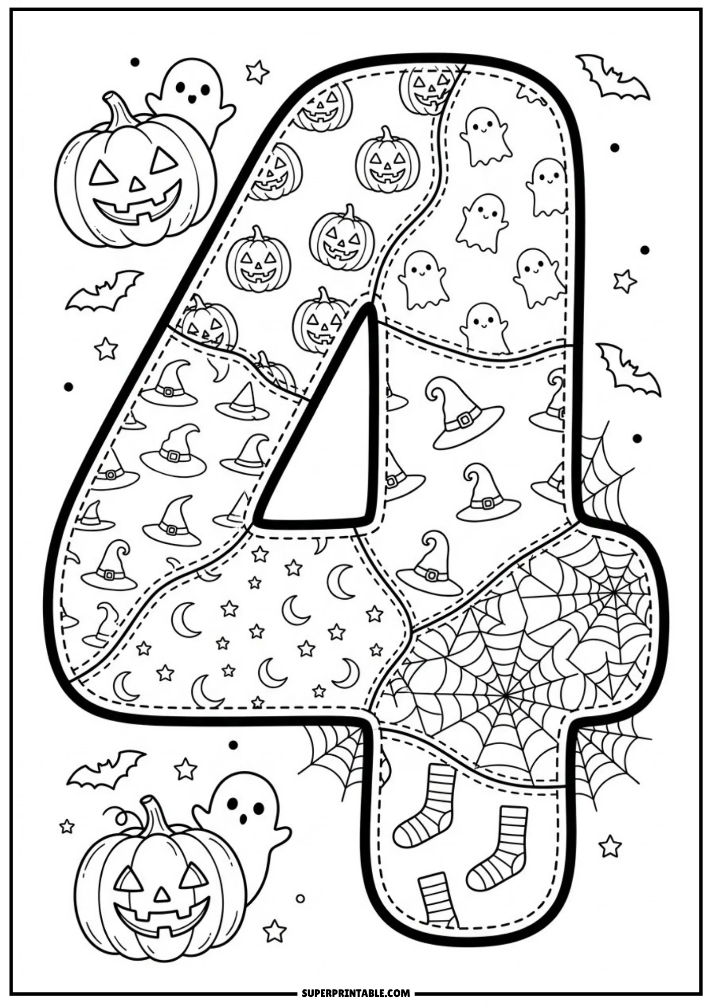 A large number four with patchwork patterns of jack-o'-lanterns, ghosts, witch hats, crescent moons, spiderwebs, and striped socks, surrounded by pumpkins and ghosts.