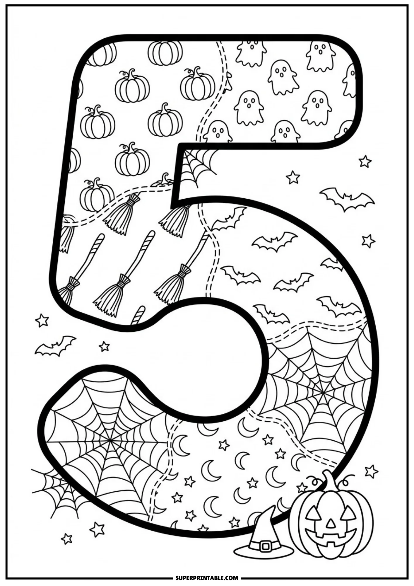 A large number five divided into patchwork panels of pumpkins, ghosts, broomsticks, bats, cobwebs, and stars, with a pumpkin and witch hat below.