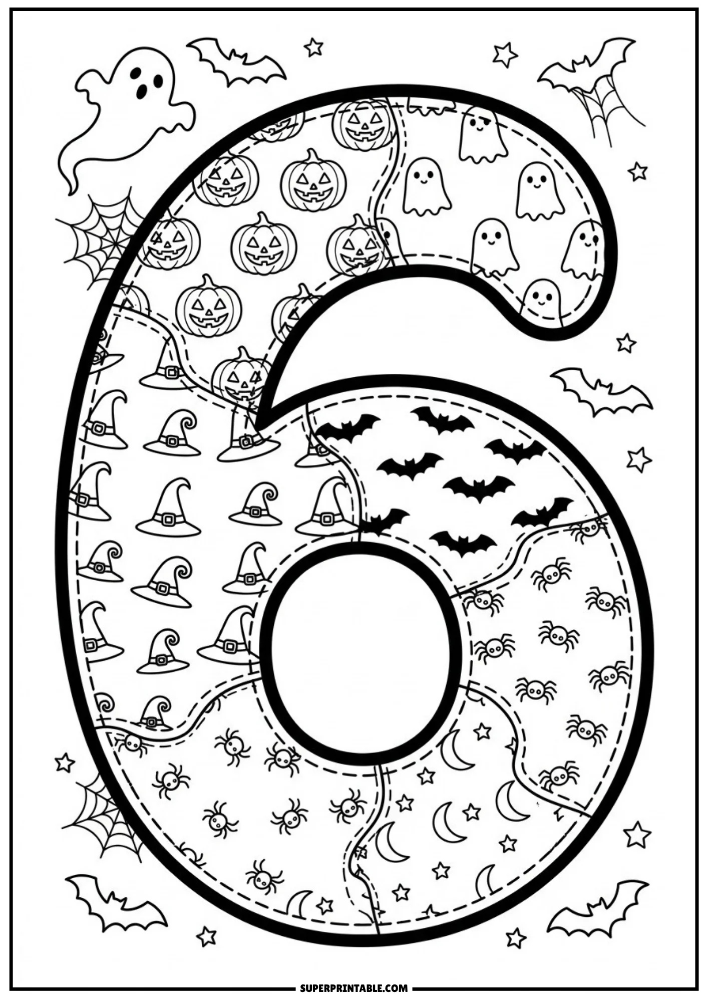 A large number six featuring patchwork panels of jack-o'-lanterns, ghosts, witch hats, bats, spiders, and crescent moons, with a flying ghost outside.