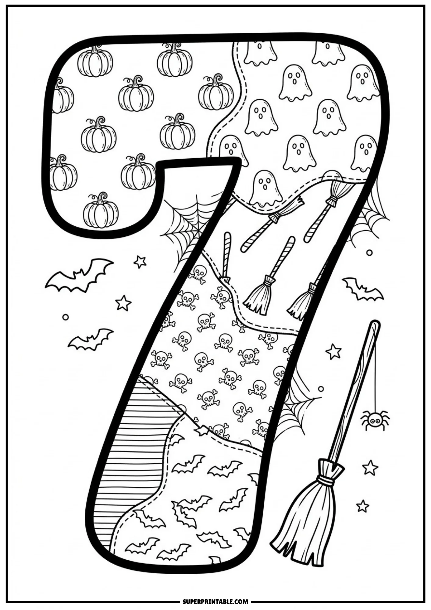 A large number seven with patchwork patterns of pumpkins, ghosts, broomsticks, skulls, stripes, and bats, with a broom and spider next to it.
