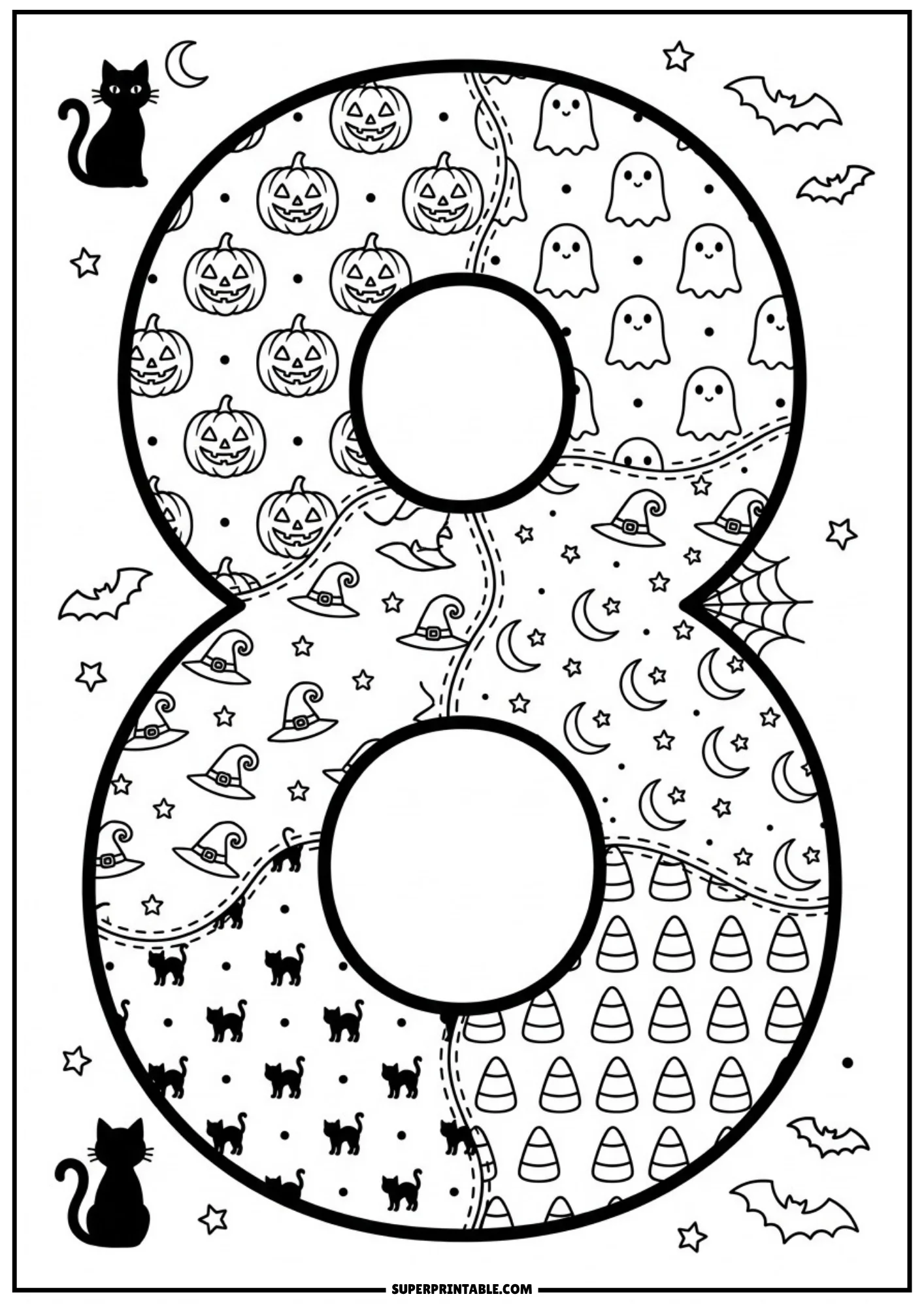 A large number eight with patchwork segments showing pumpkins, ghosts, witch hats, moons, black cats, and candy corn, with black cats sitting on the side.