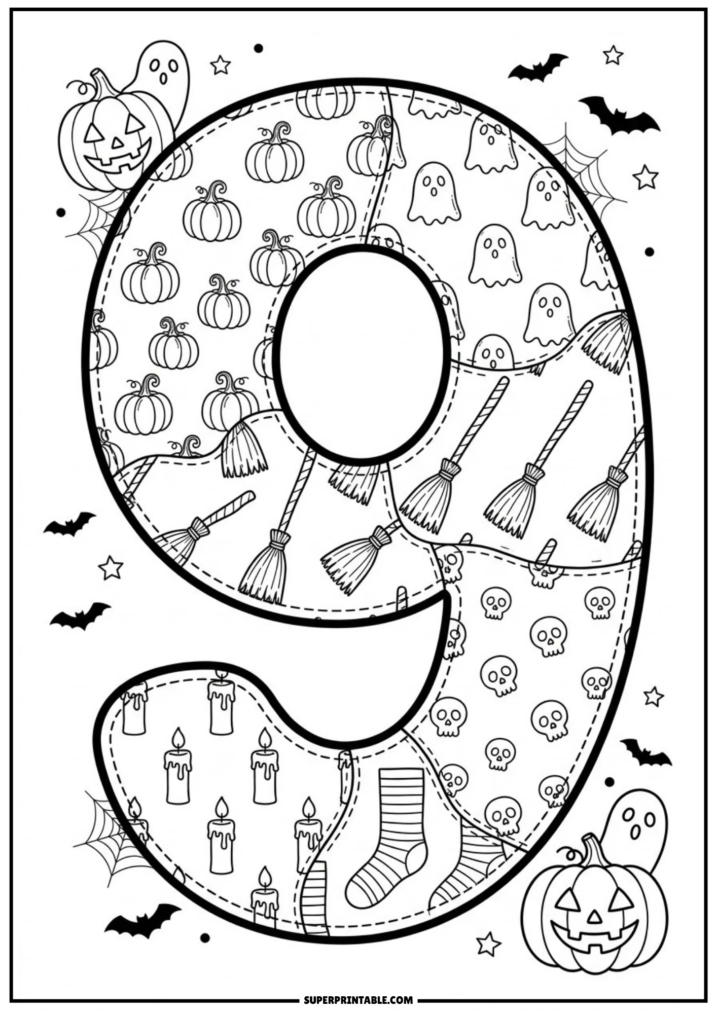 A large number nine with patchwork panels of pumpkins, ghosts, broomsticks, skulls, striped socks, and candles, with a pumpkin and ghost below.
