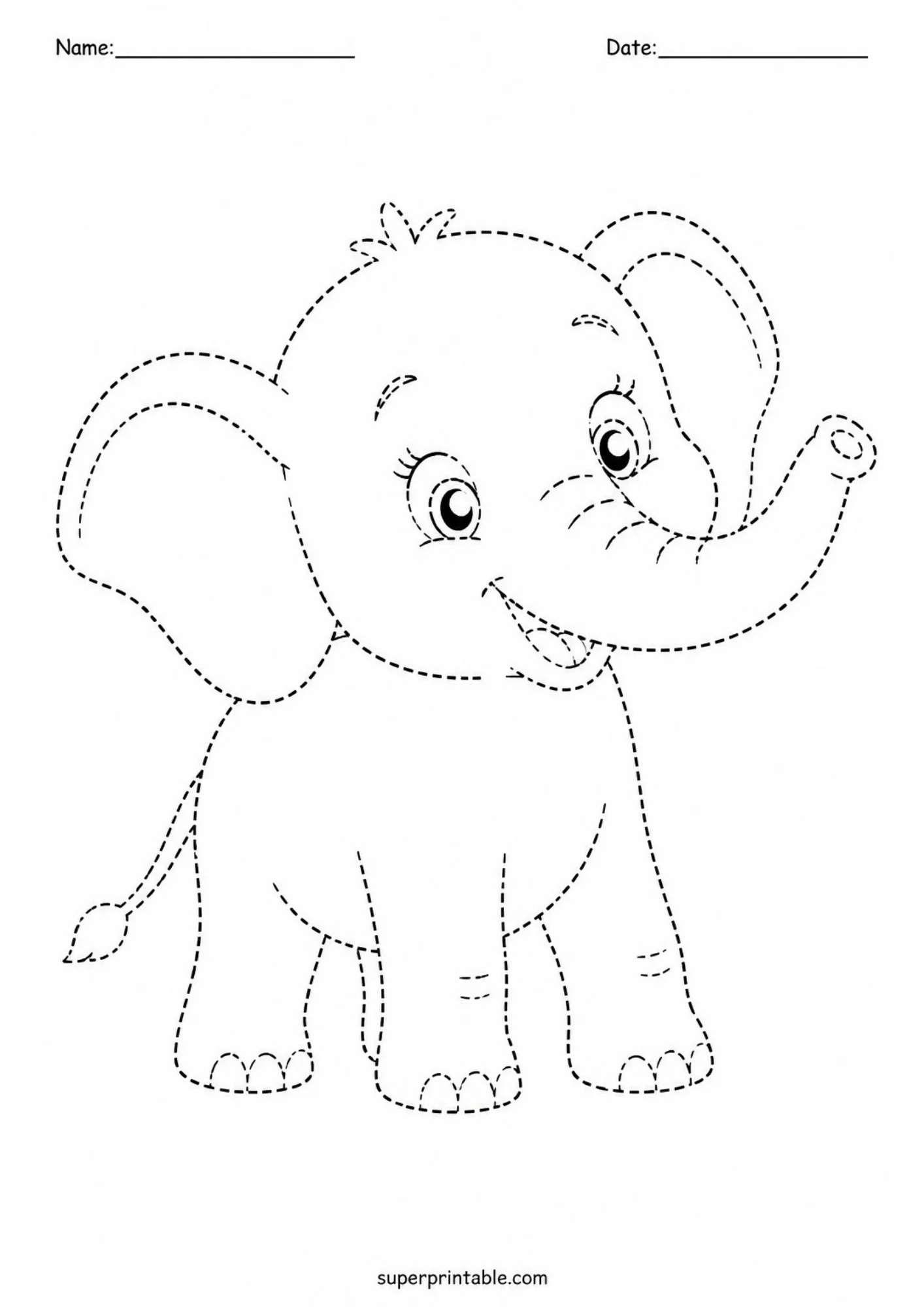 Dashed line art tracing sheet of a smiling baby elephant standing on four feet with its trunk curved upward to the right and big glossy eyes.