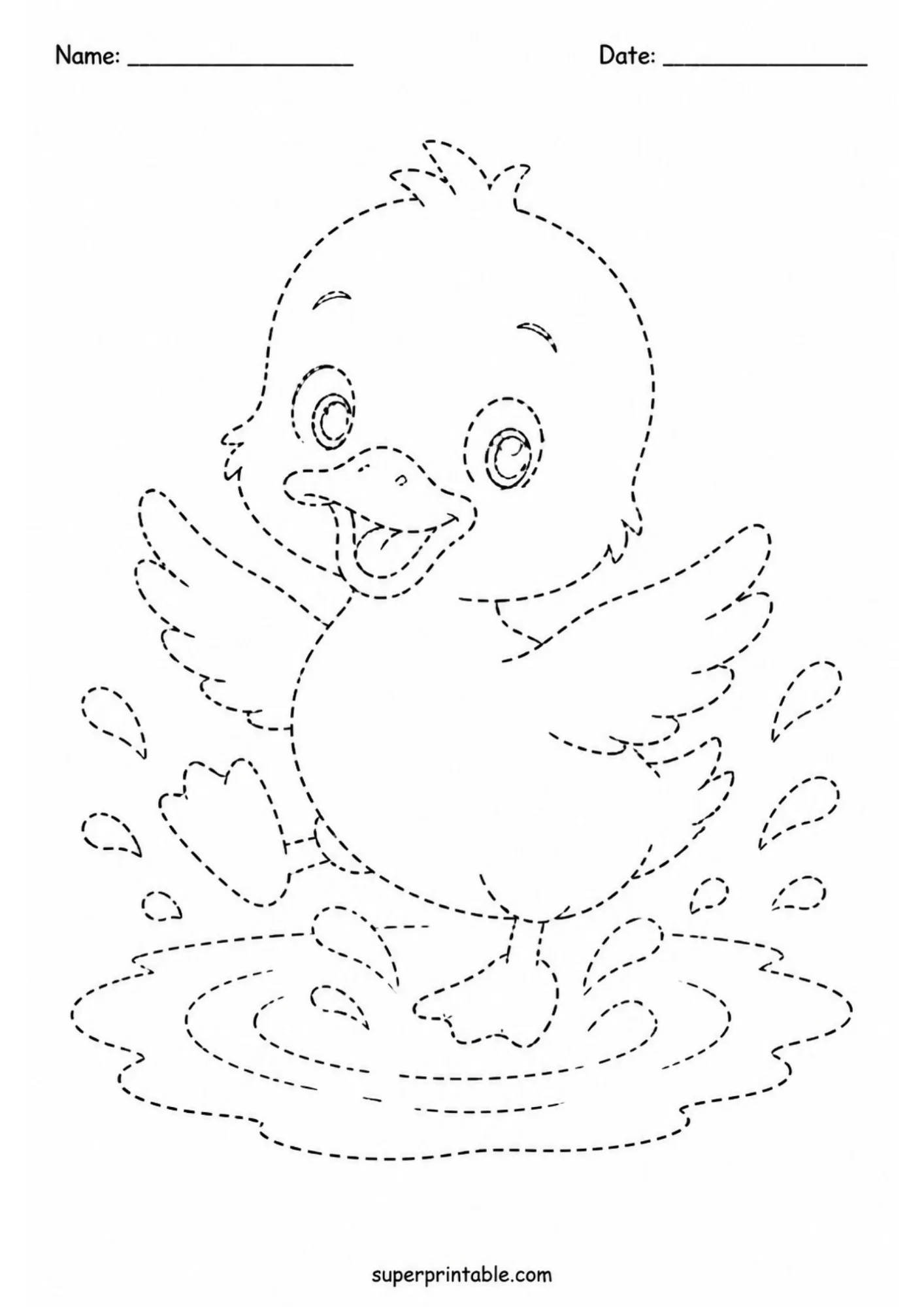 Black and white line art worksheet of a cheerful baby duckling splashing in a water puddle with open wings and dashed droplets.
