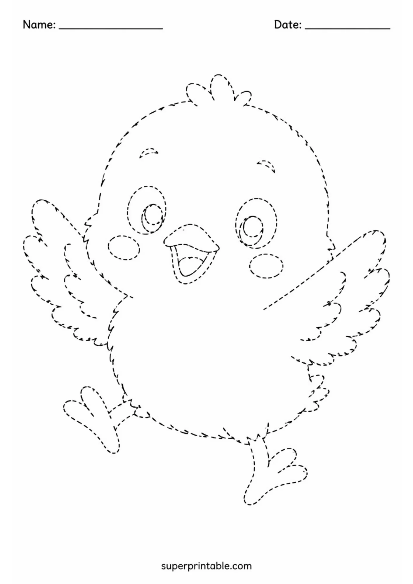 Black and white activity sheet showing an excited baby chick jumping with wings spread high and open beak, outlined in dotted tracing lines.