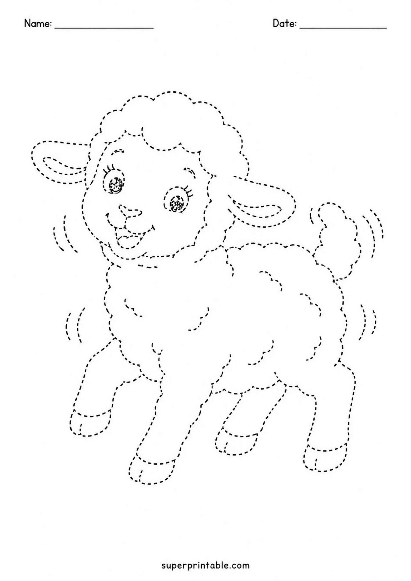 A dashed outline worksheet depicting a happy lamb prancing energetically with motion lines near its wagging tail and open smiling mouth.