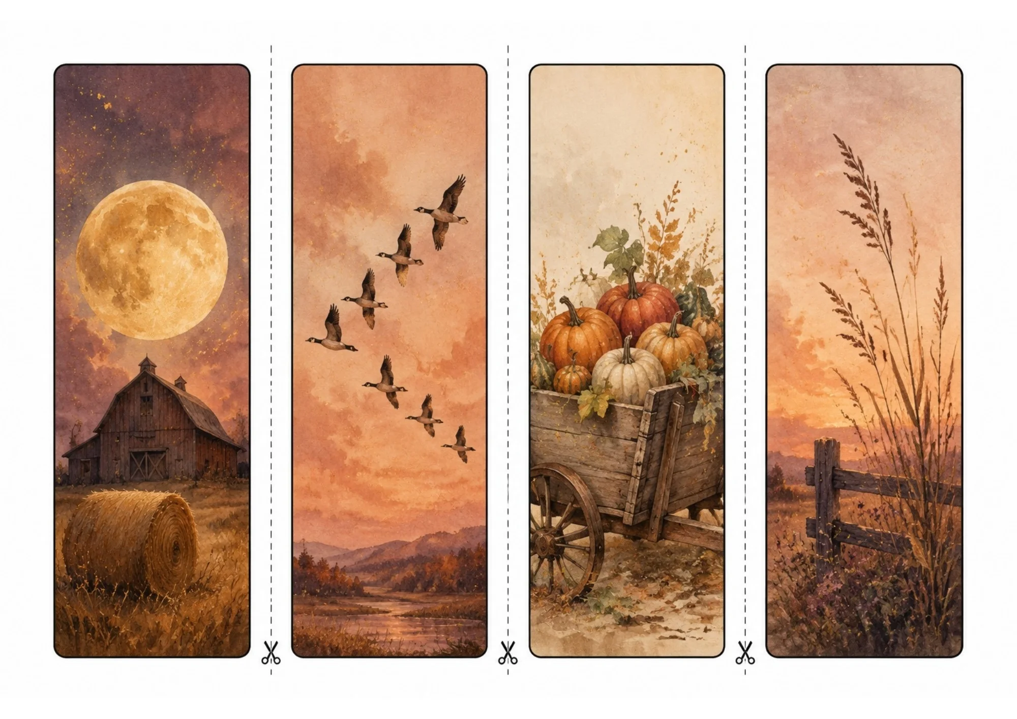 Four printable bookmark designs showing a harvest moon over a wooden barn, geese flying at sunset, a cart of pumpkins, and prairie grasses.