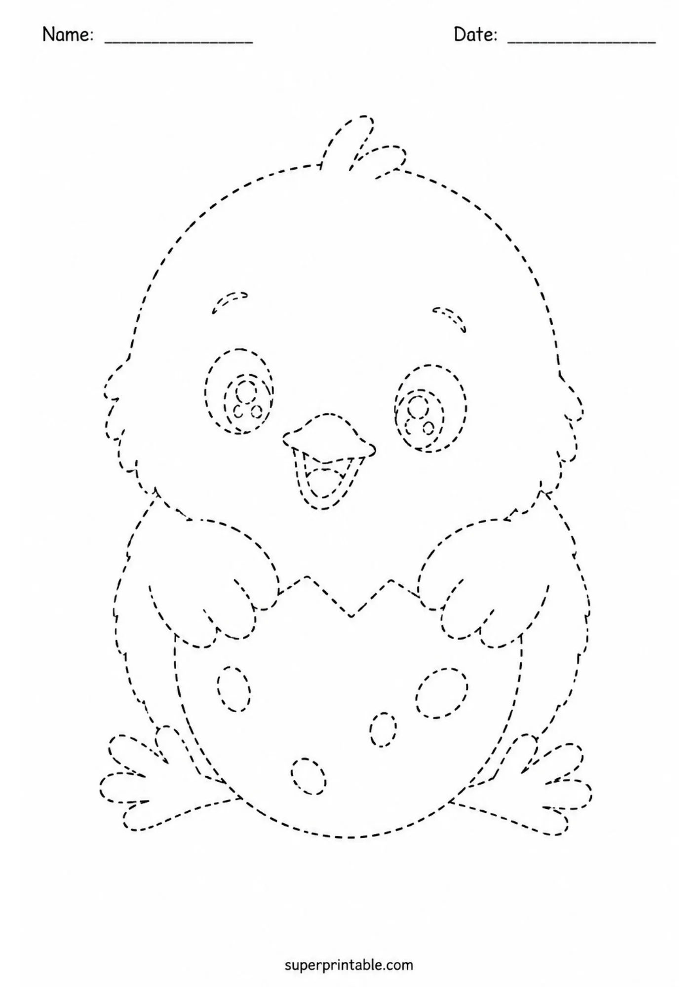 Line tracing worksheet showing a cute baby chick emerging from a cracked polka-dot eggshell with dashed outline paths for tracing.