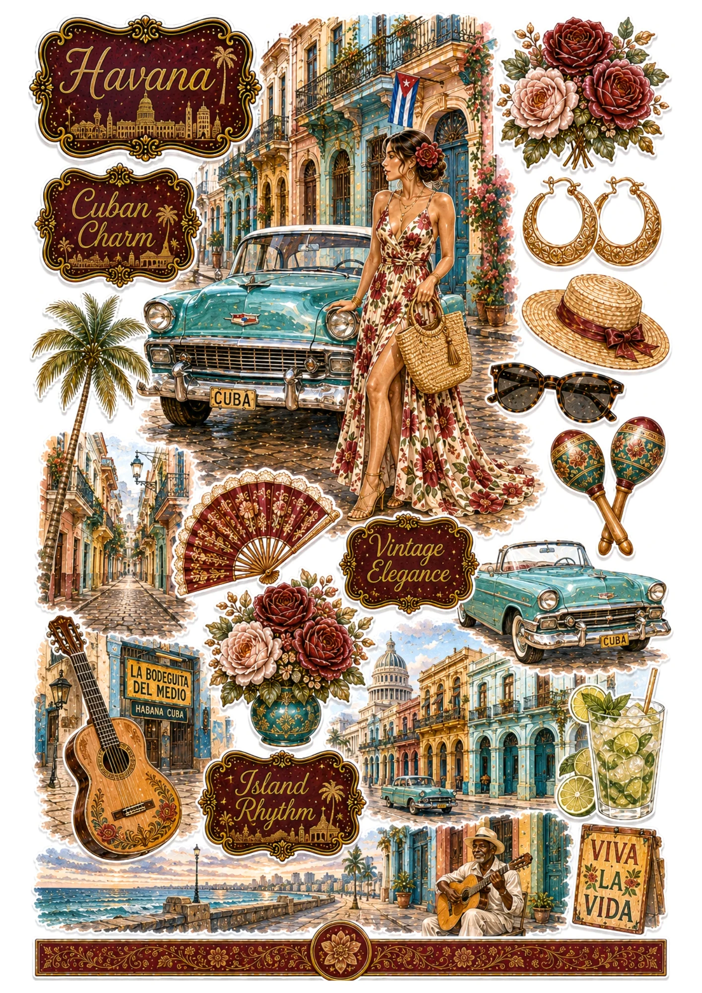 Havana sticker collection displaying a woman in a floral sundress by a teal 1950s classic car, mojito cocktail, and maracas.