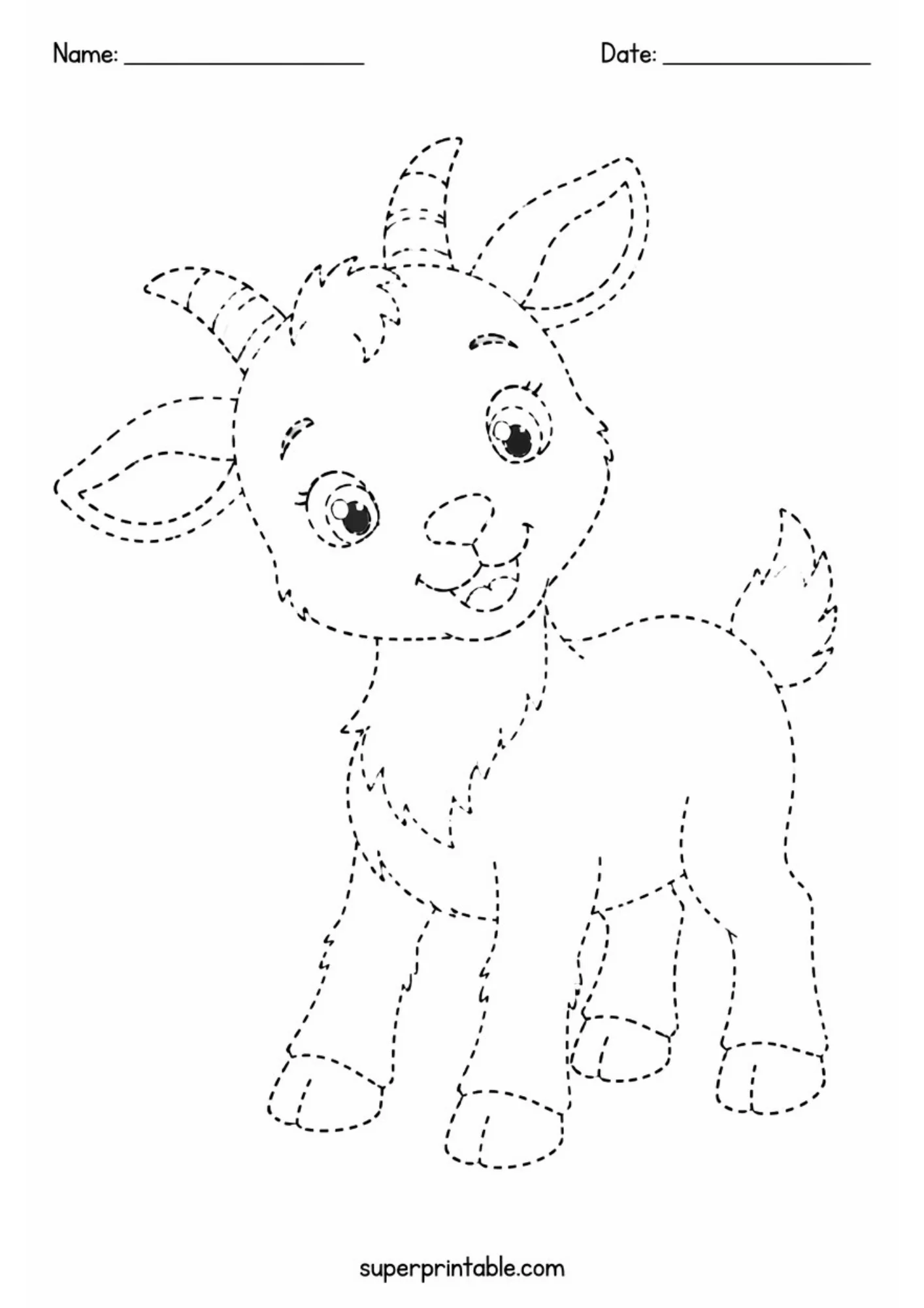 Black line art tracing worksheet of a adorable cartoon baby goat tilting its head with sparkling eyes and dashed line outlines for fine motor practice.