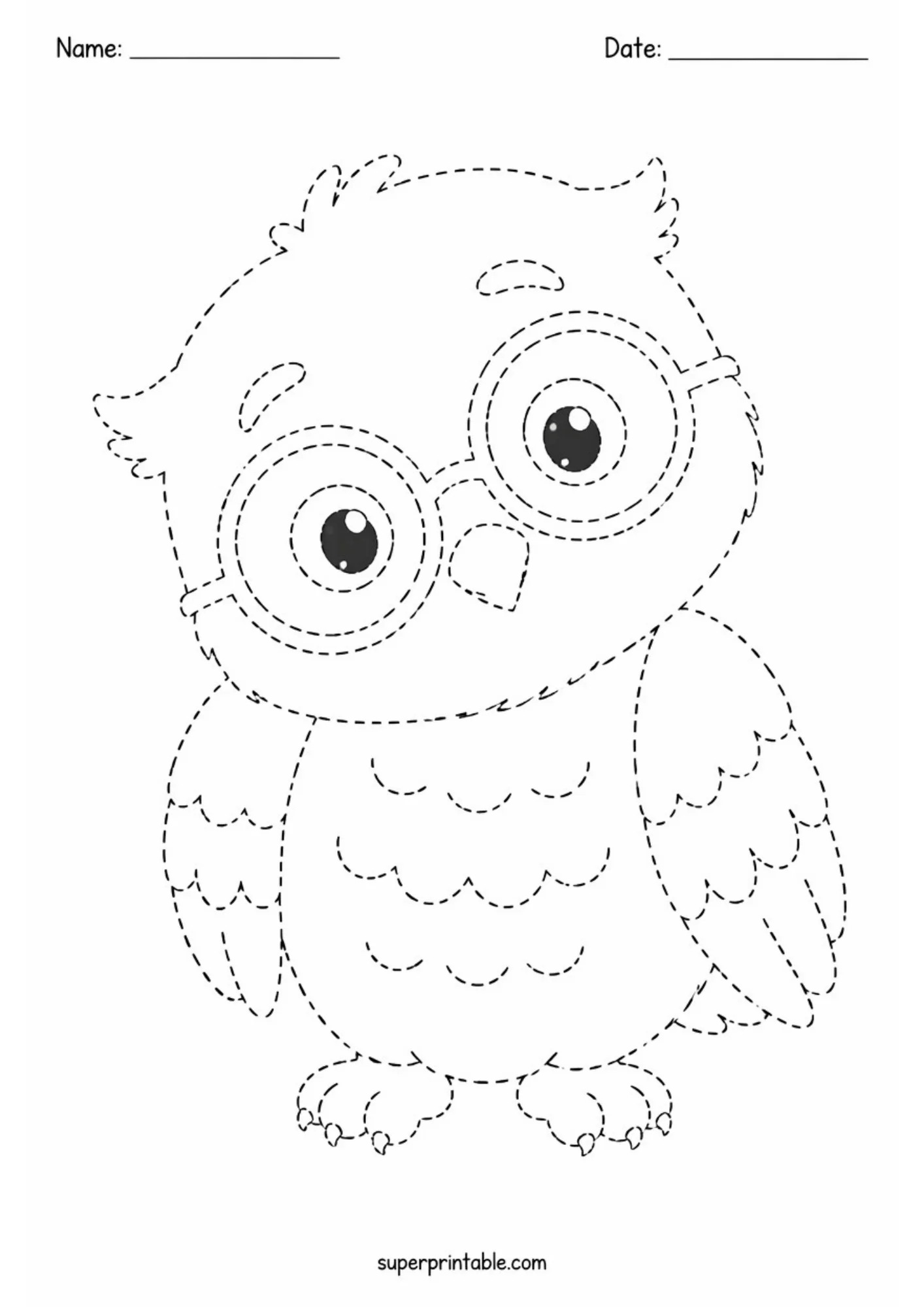 Preschool tracing sheet depicting a cute owl with a tilted head wearing round eyeglasses, rendered in clear dashed lines with Name and Date lines at the top.