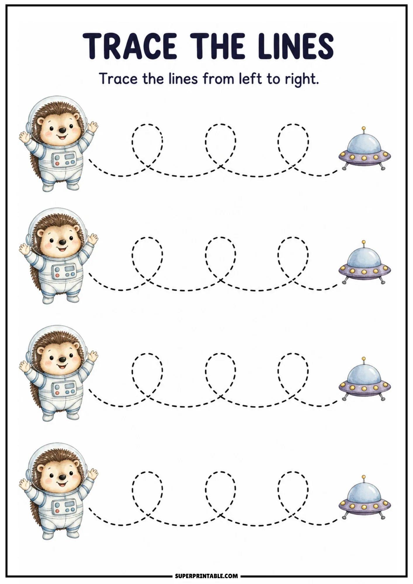 Tracing page showing hedgehog astronauts and flying saucer UFOs connected by dashed vertical loop lines.