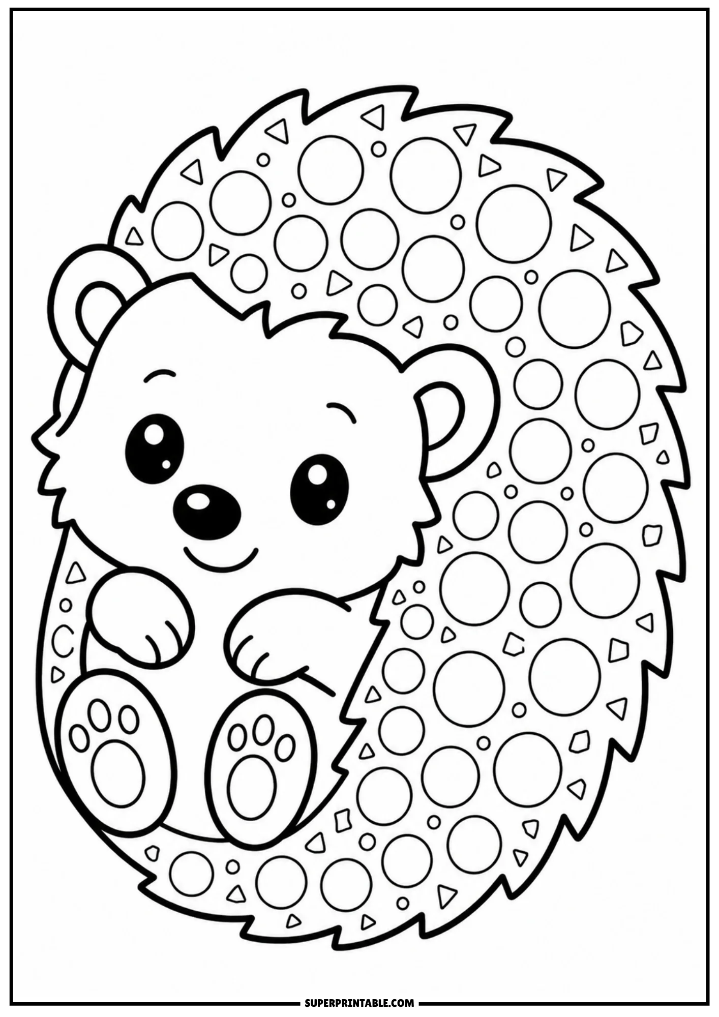 A cute cartoon hedgehog curled slightly into a ball, smiling and covered in circular dot markers and quills.