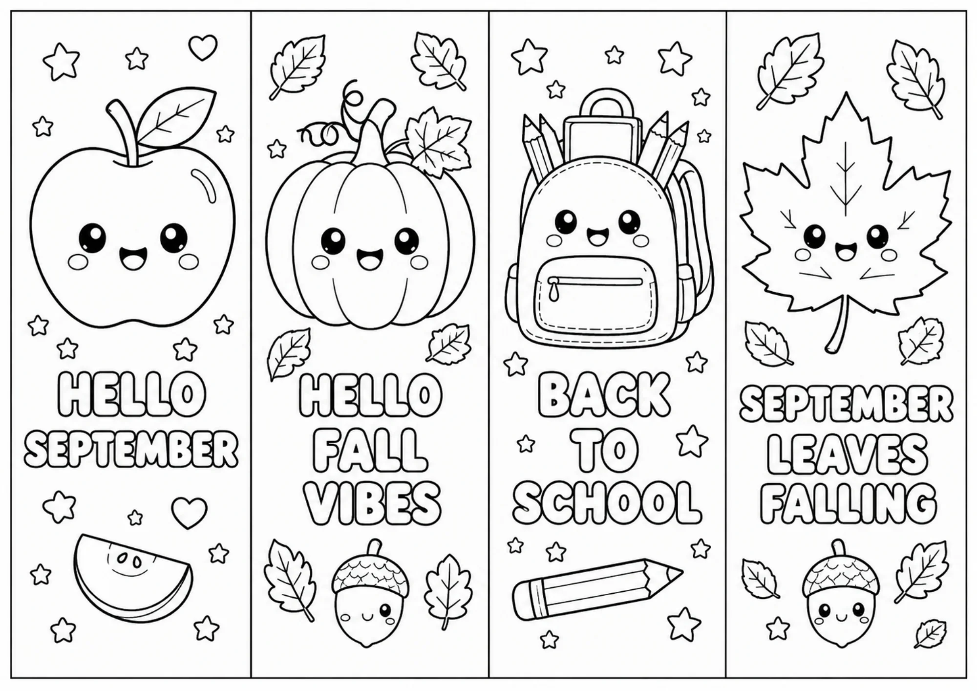 Four black and white coloring bookmarks depicting a smiling apple, fall pumpkin, school backpack with pencils, and autumn maple leaf with acorn graphics.