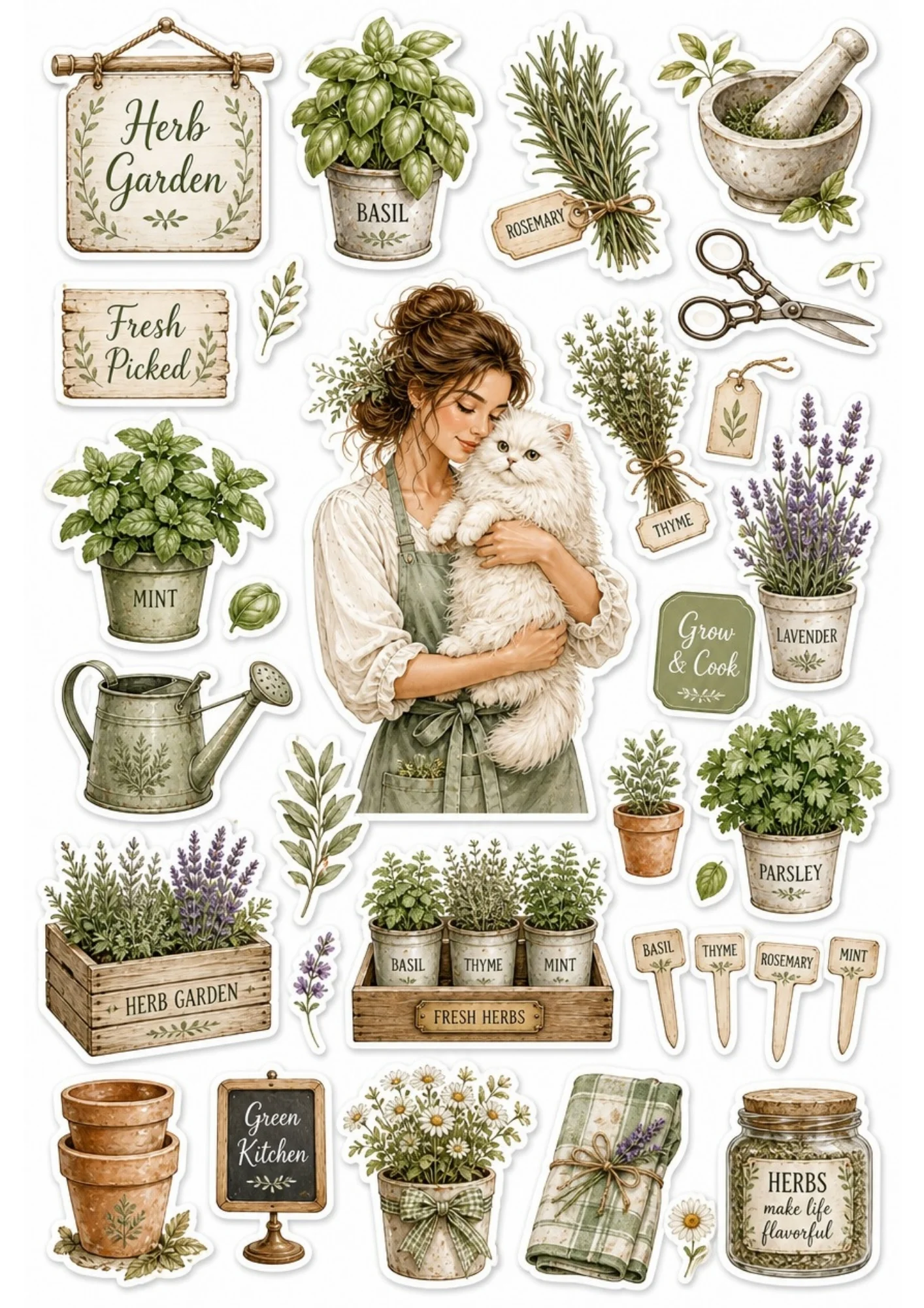 A girl chopping fresh herbs in a sunny kitchen filled with plants and a white cat. Surrounding stickers include potted herbs, copper pots, and text saying 'Chef's Kitchen' and 'Fresh & Simple'.