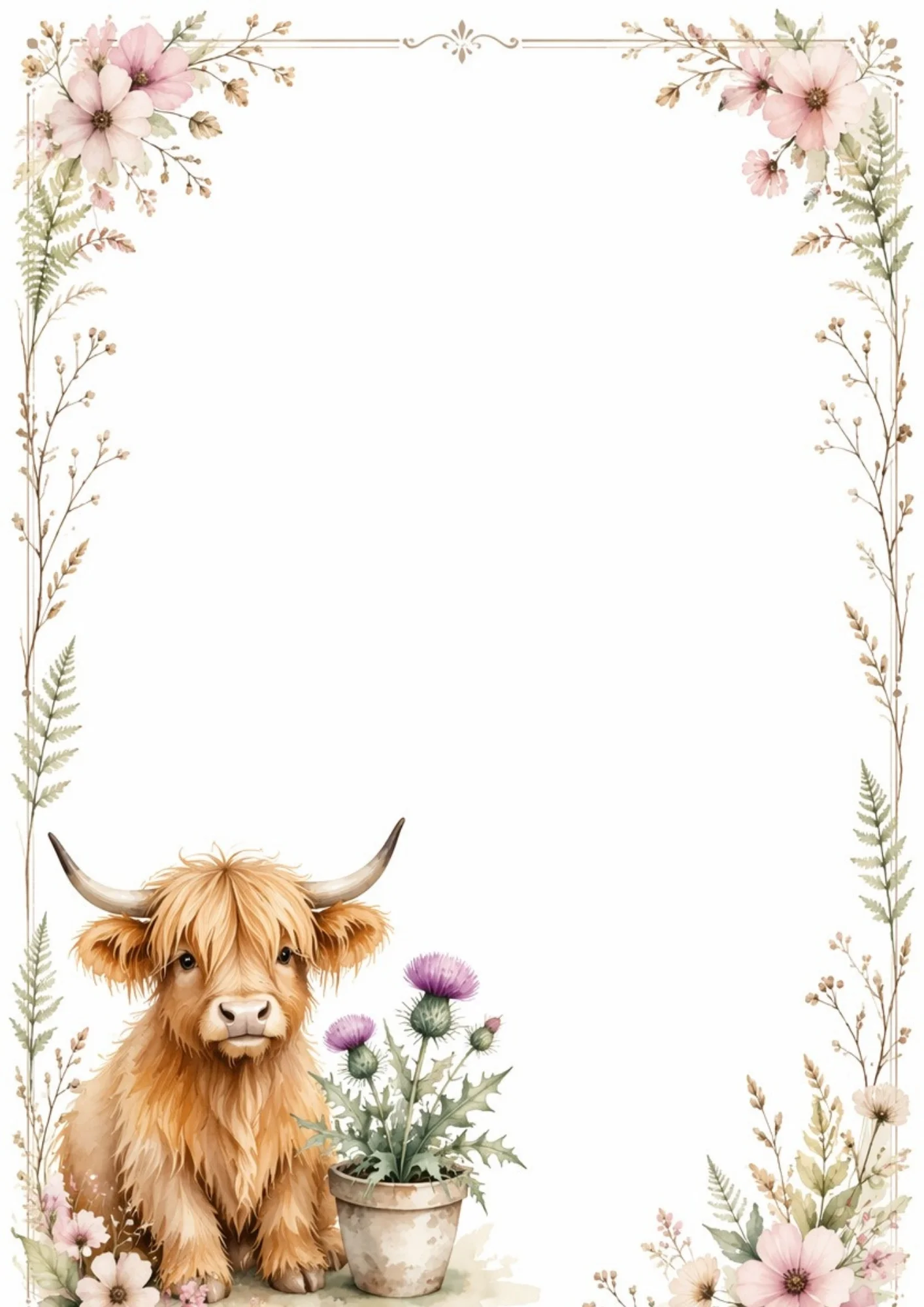 A cute Highland calf sitting beside a potted purple thistle plant, bordered by pink floral sprays and thin line frame corners with green ferns.
