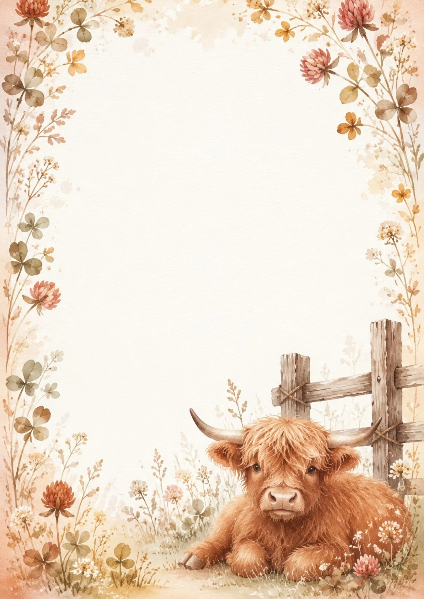 A fluffy reddish brown Highland calf lying near a rustic wooden fence surrounded by a soft watercolor border of red clover blossoms and clover leaves.