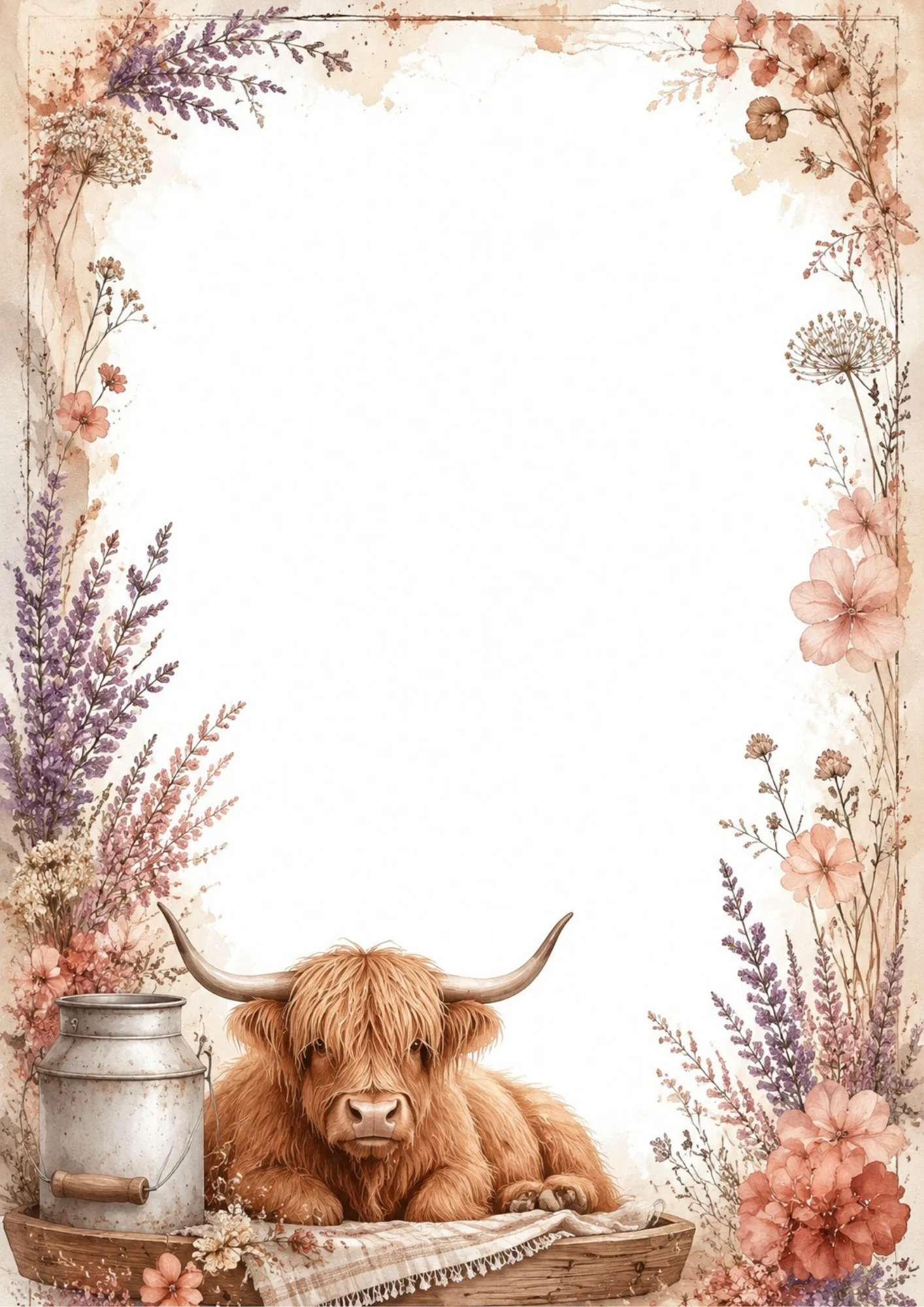 A fluffy Highland calf resting next to a vintage metal milk jug framed by tall purple lavender spires, pink wildflowers, and dried botanical stems.