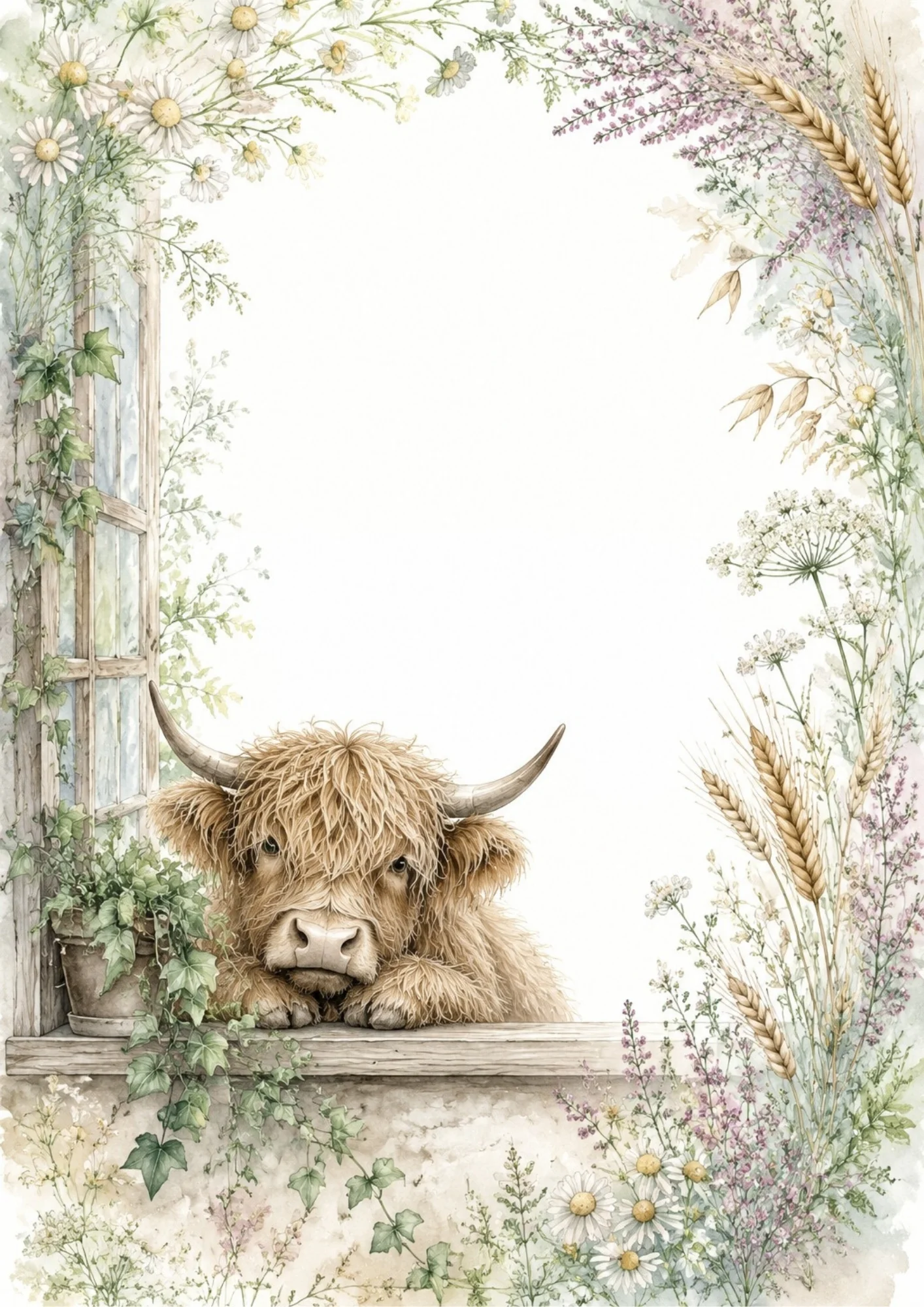 A Highland calf resting on a wooden window sill next to trailing ivy, surrounded by wheat stalks, white daisies, and purple heather sprigs along the border.