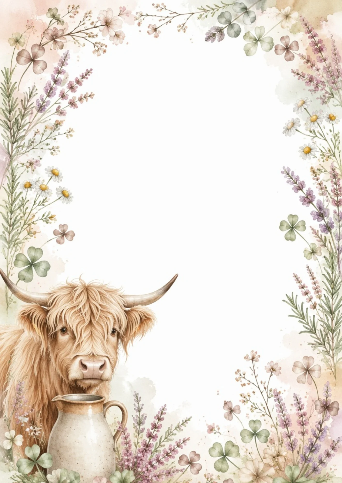 A furry Highland cow looking forward beside a ceramic milk jug surrounded by lavender sprigs, white daisies, and green four-leaf clovers along the margins.
