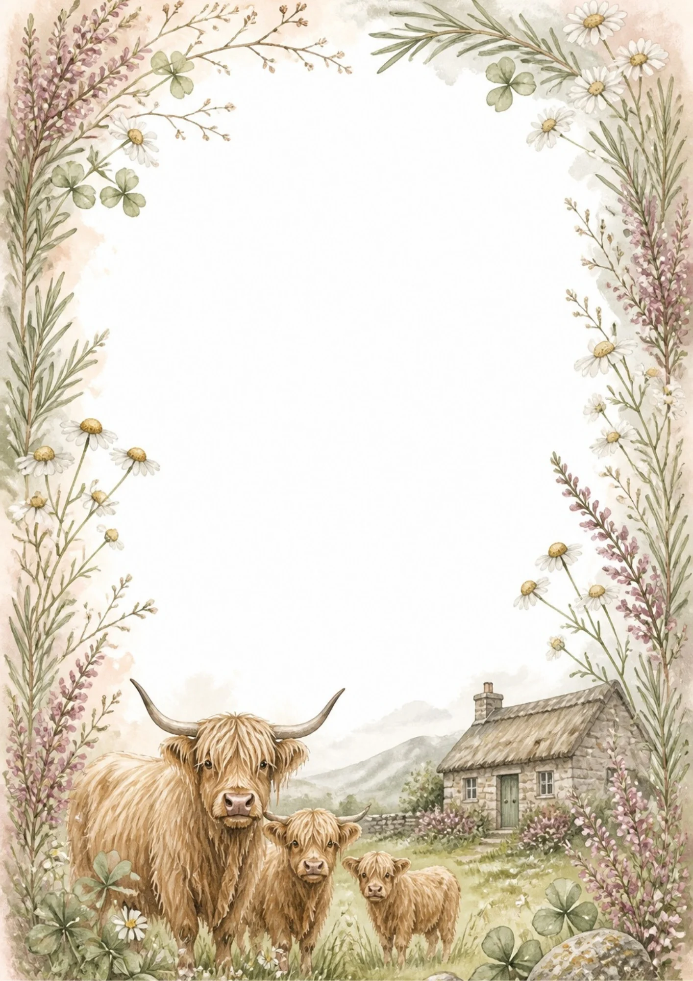 A Highland cow with two small calves standing near a stone cottage, surrounded by a border of purple lavender spires, white daisies, and clover sprigs.