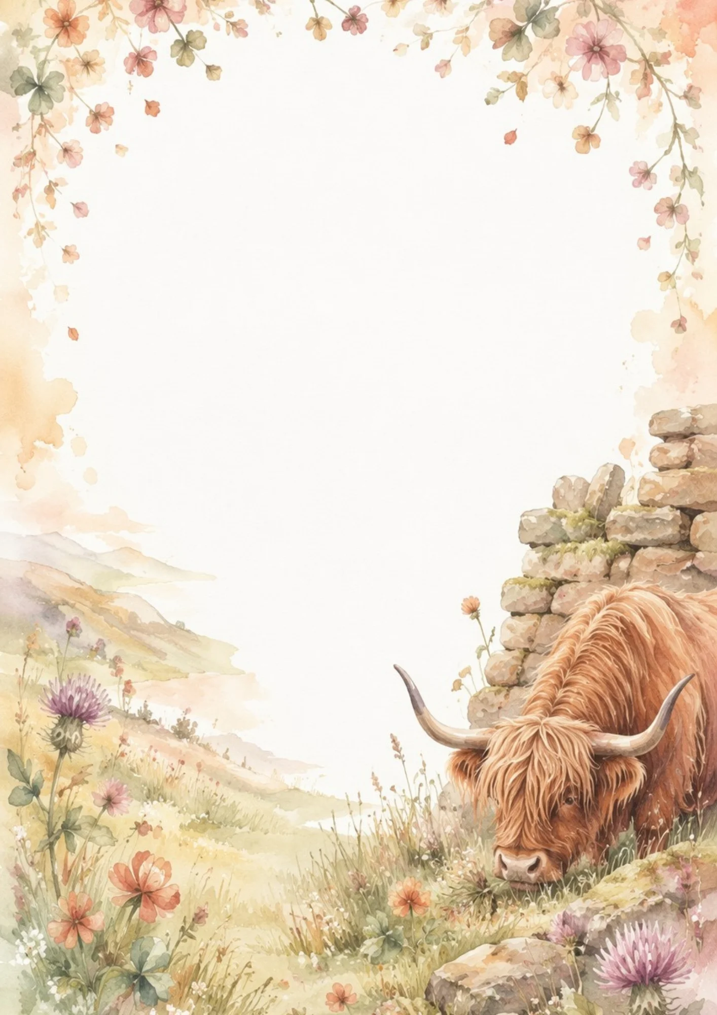 A shaggy Highland cow grazing beside an old stone wall on a rolling hillside with pink thistles and floral petals arching across the top margin.