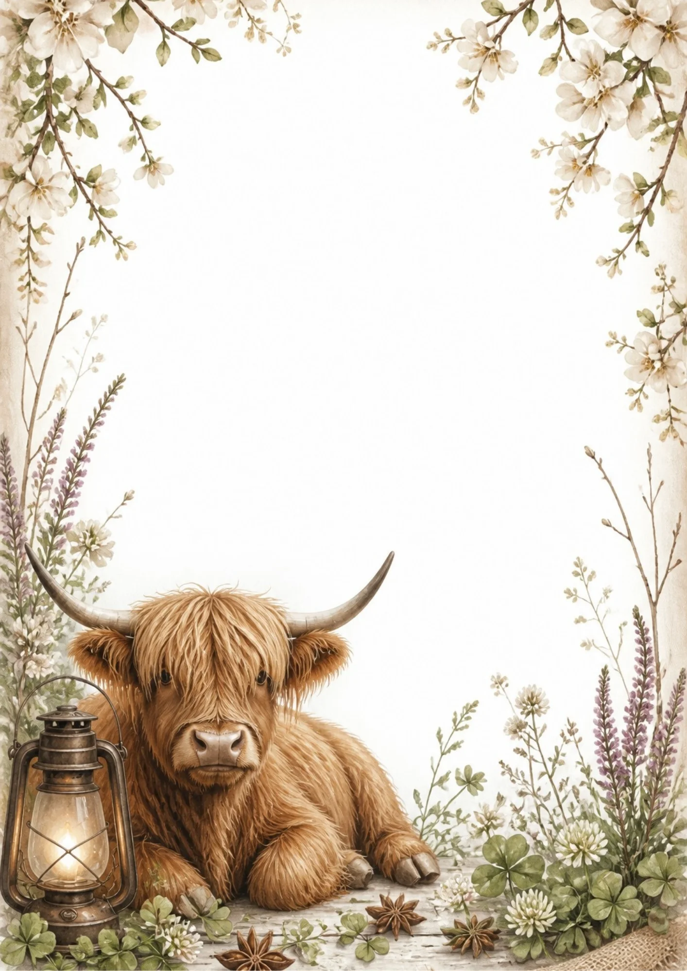 A Highland cow lying next to a lit metal lantern with star anise, white clovers, white tree blossoms, and purple lavender sprigs framing the border.