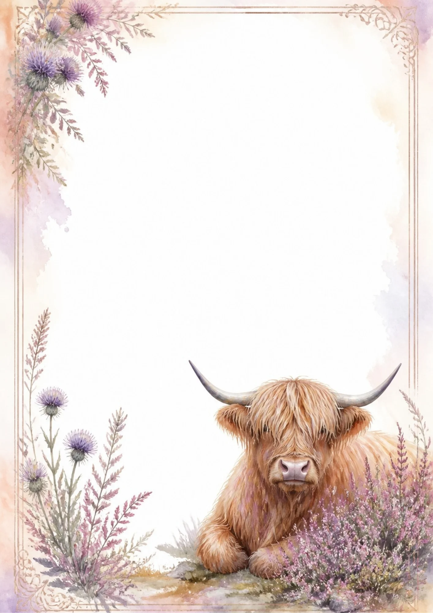 A hairy Highland cow resting beside clusters of purple Scottish thistles and heather within a thin gold rectangular frame with soft purple watercolor corners.