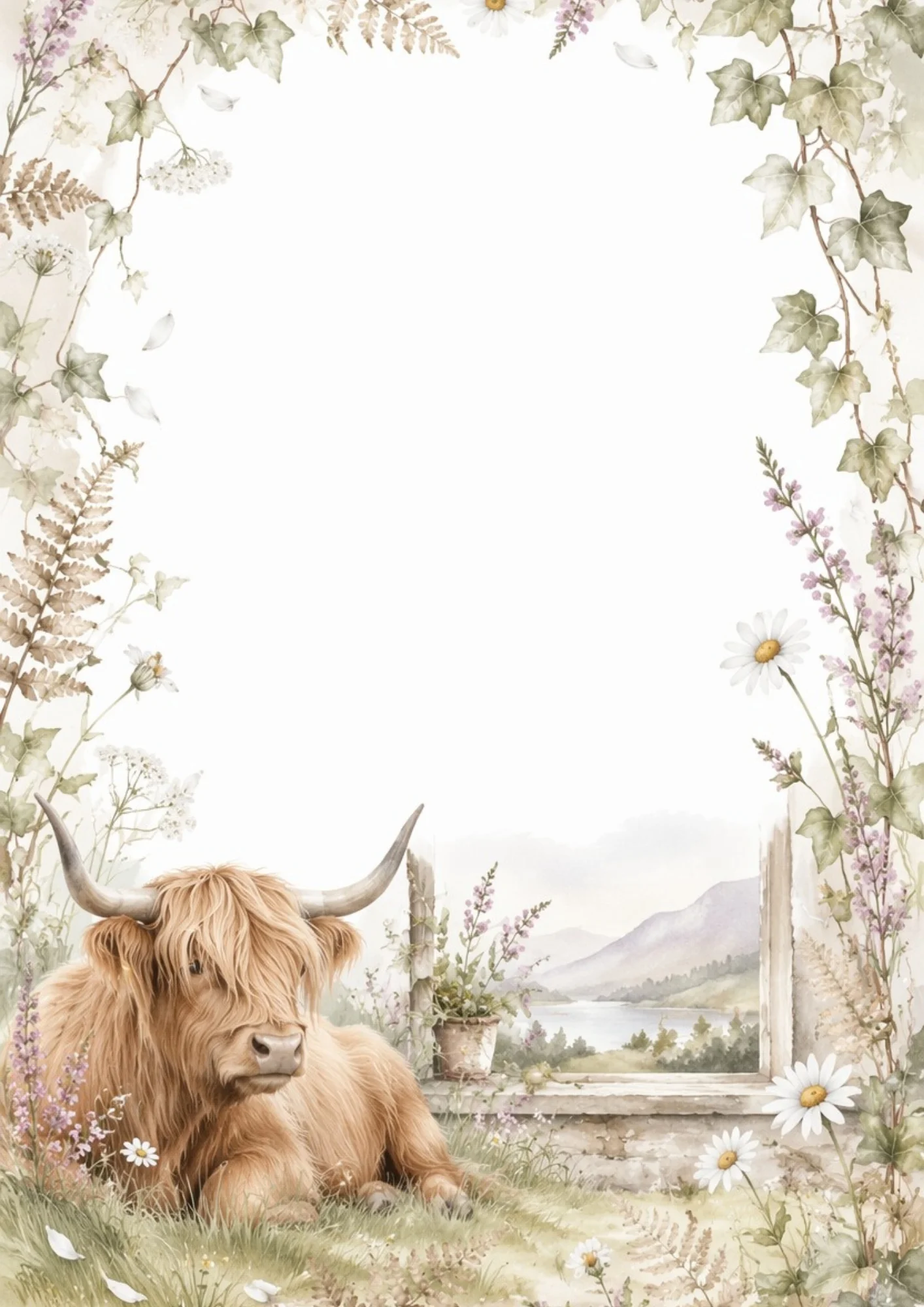 A shaggy Highland cow resting beside a rustic stone window looking over a mountain lake, bordered by trailing ivy vines and white daisy flowers.