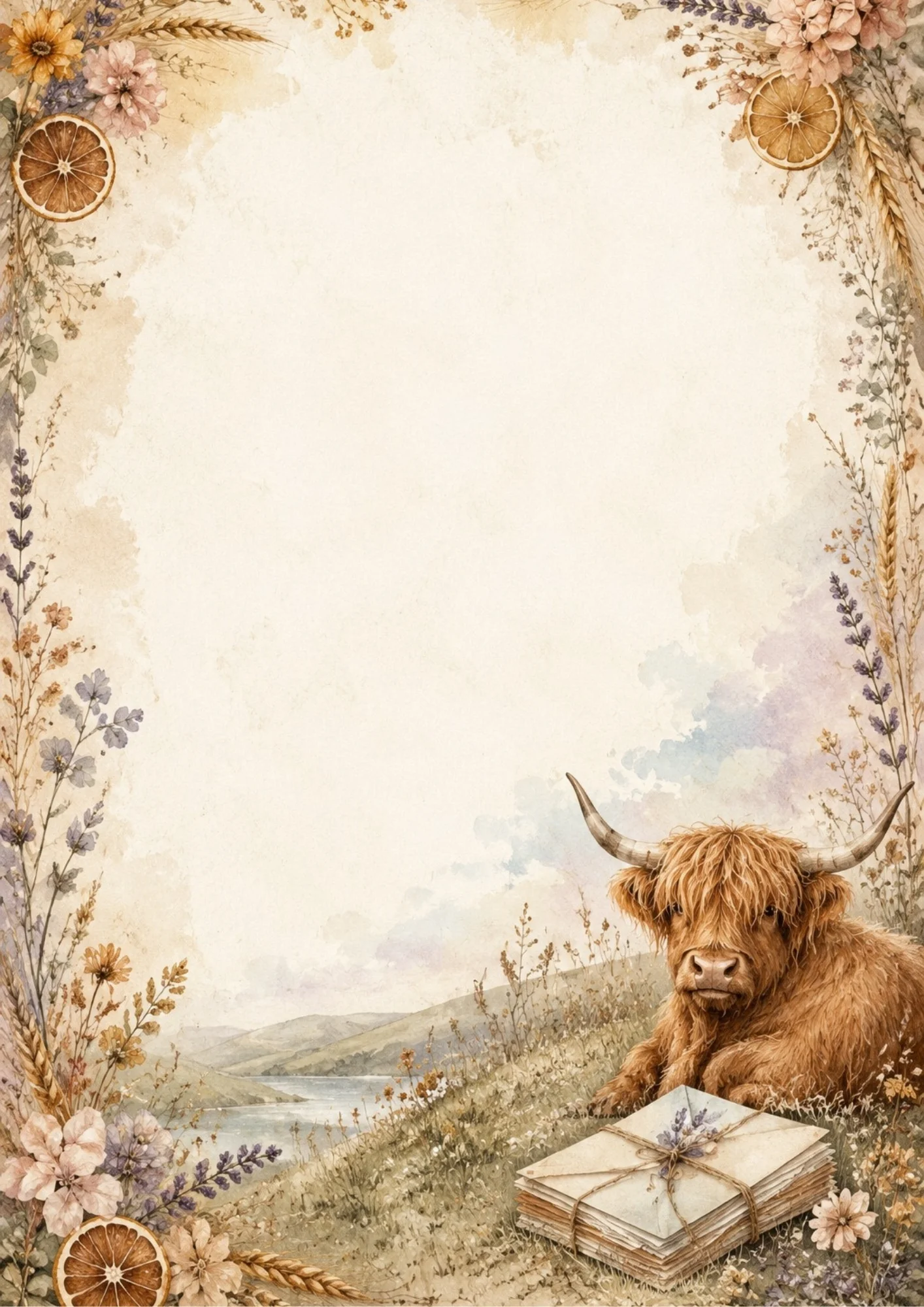 A Highland cow resting on a grassy hill next to a stack of tied paper letters with dried orange slices and wheat framing the parchment border.