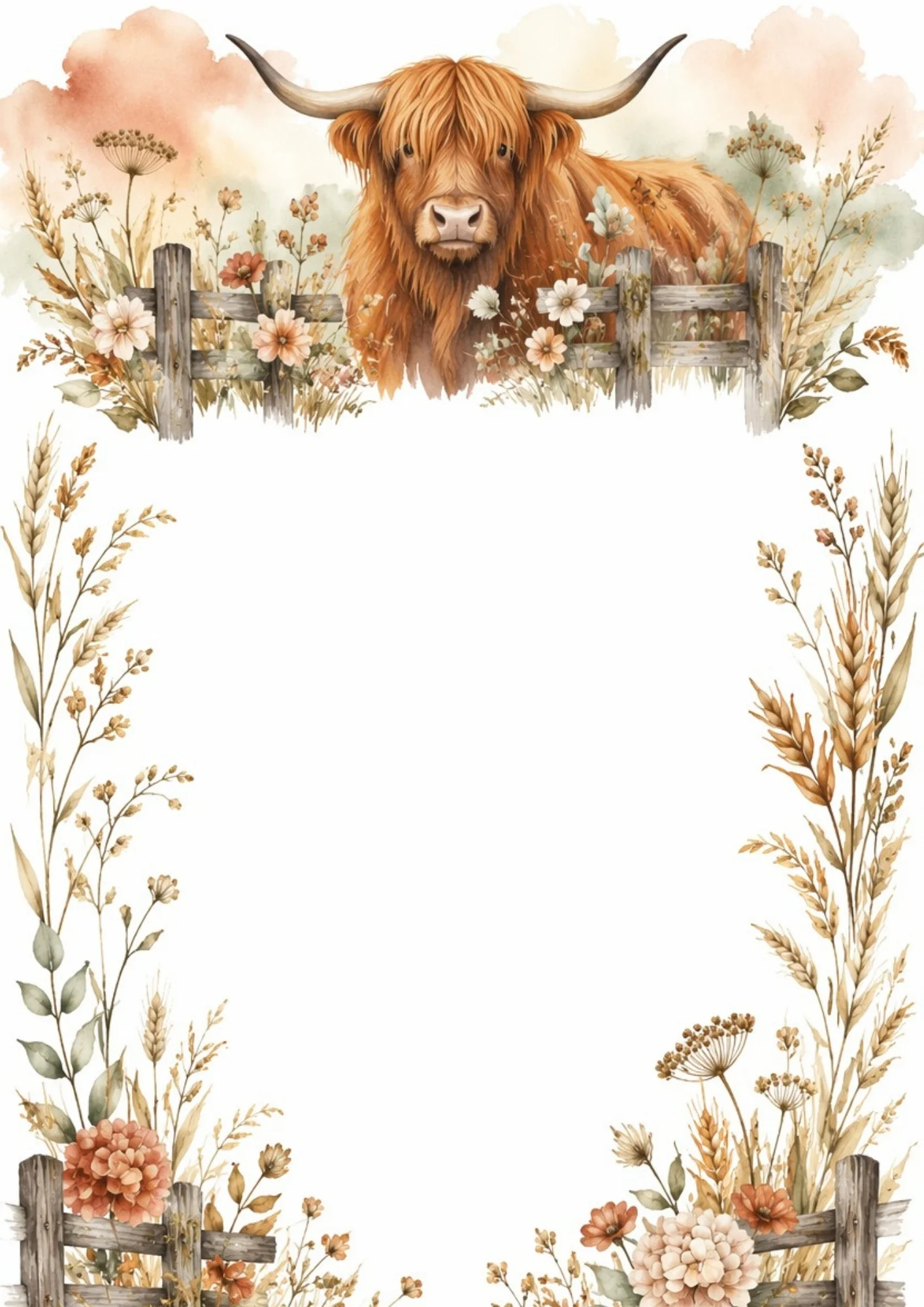 A large Highland cow standing behind a wooden fence along the top margin, flanked by golden wheat stalks and peach blossoms down the side borders.