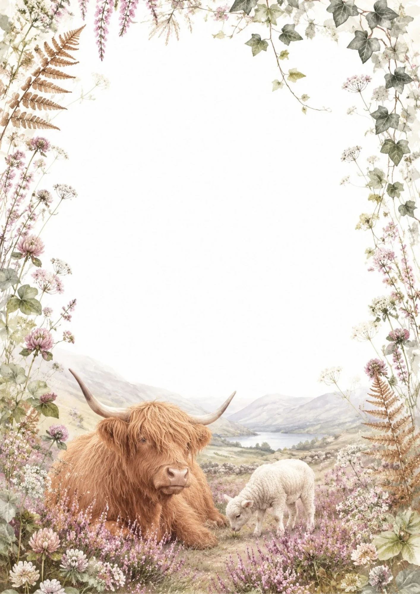 A Highland cow and a small white lamb resting together in a purple heather field overlooking a mountain lake, with clover and ivy framing the page.