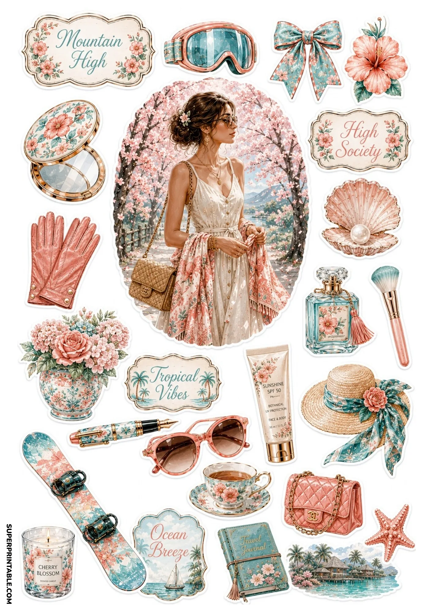 Sticker sheet with a fashion illustration of a woman under cherry blossoms, surrounded by travel accessories, tea cups, and alpine ski gear.