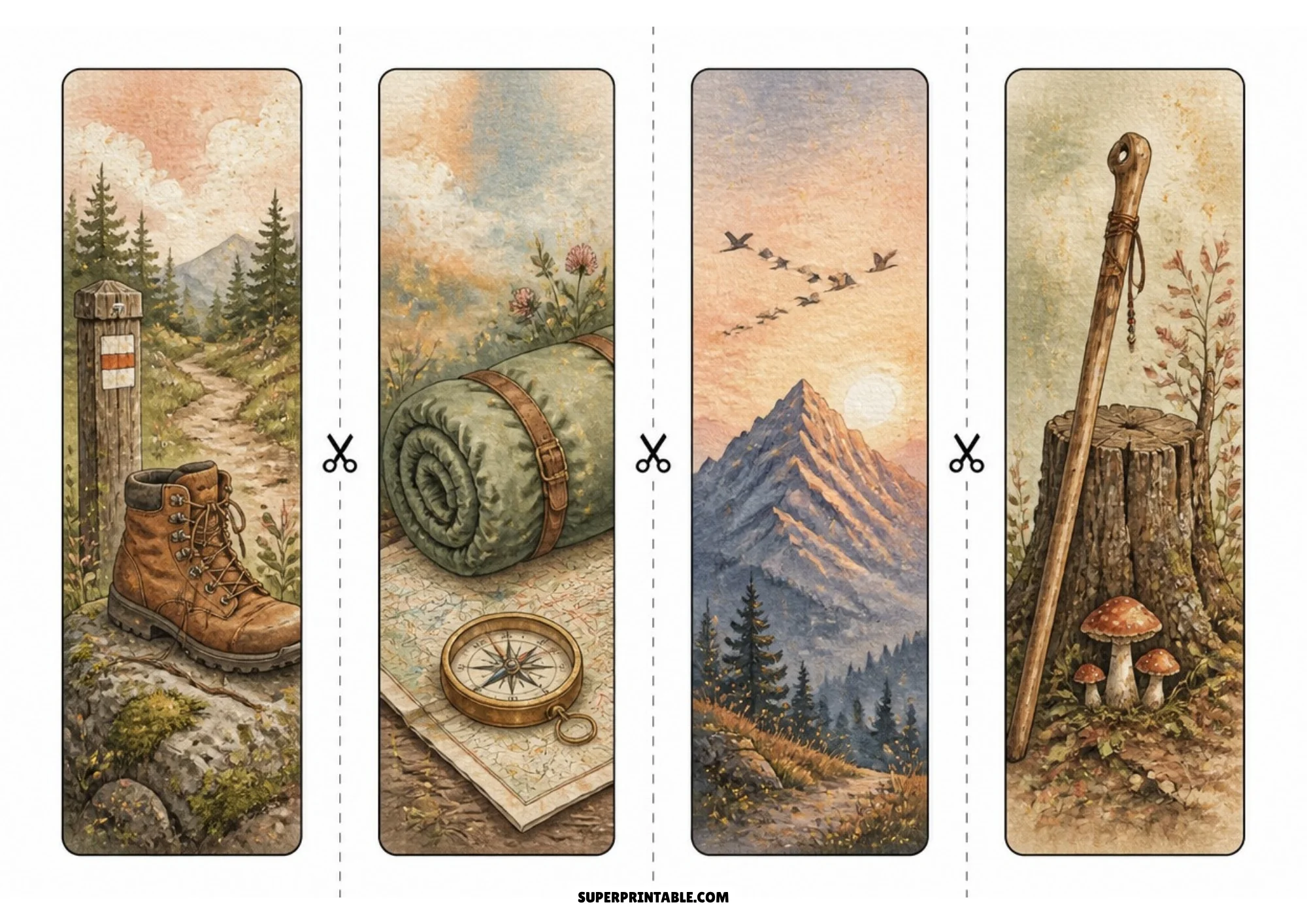 Four outdoor adventure printable bookmarks depicting a leather hiking boot, a brass compass on a map, a sunlit mountain trail, and a wooden walking stick.