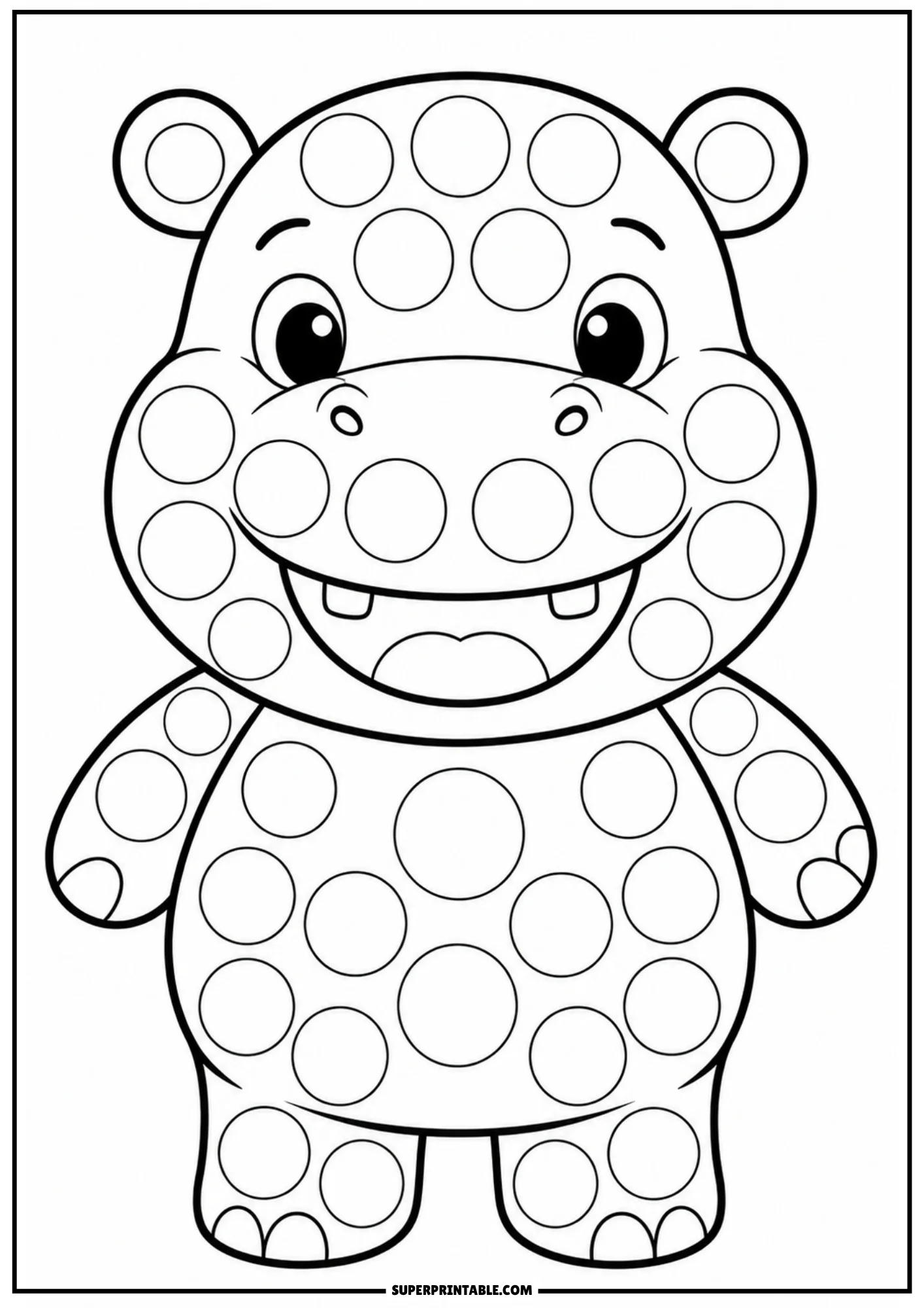 A cute cartoon hippopotamus standing upright and smiling with a wide open mouth, covered in circular dot markers.