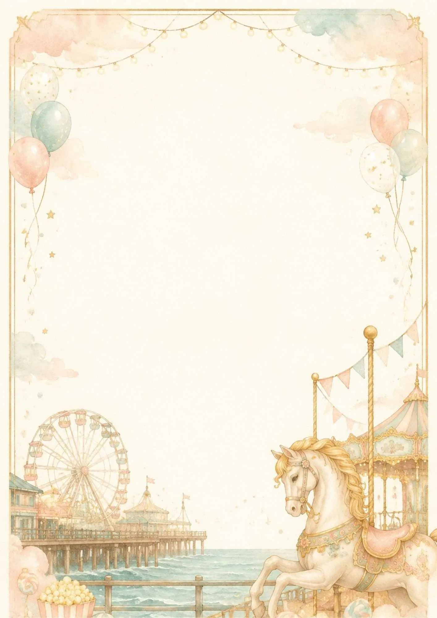 A vintage writing page showing the wooden carousel building on the Santa Monica Pier with banners.