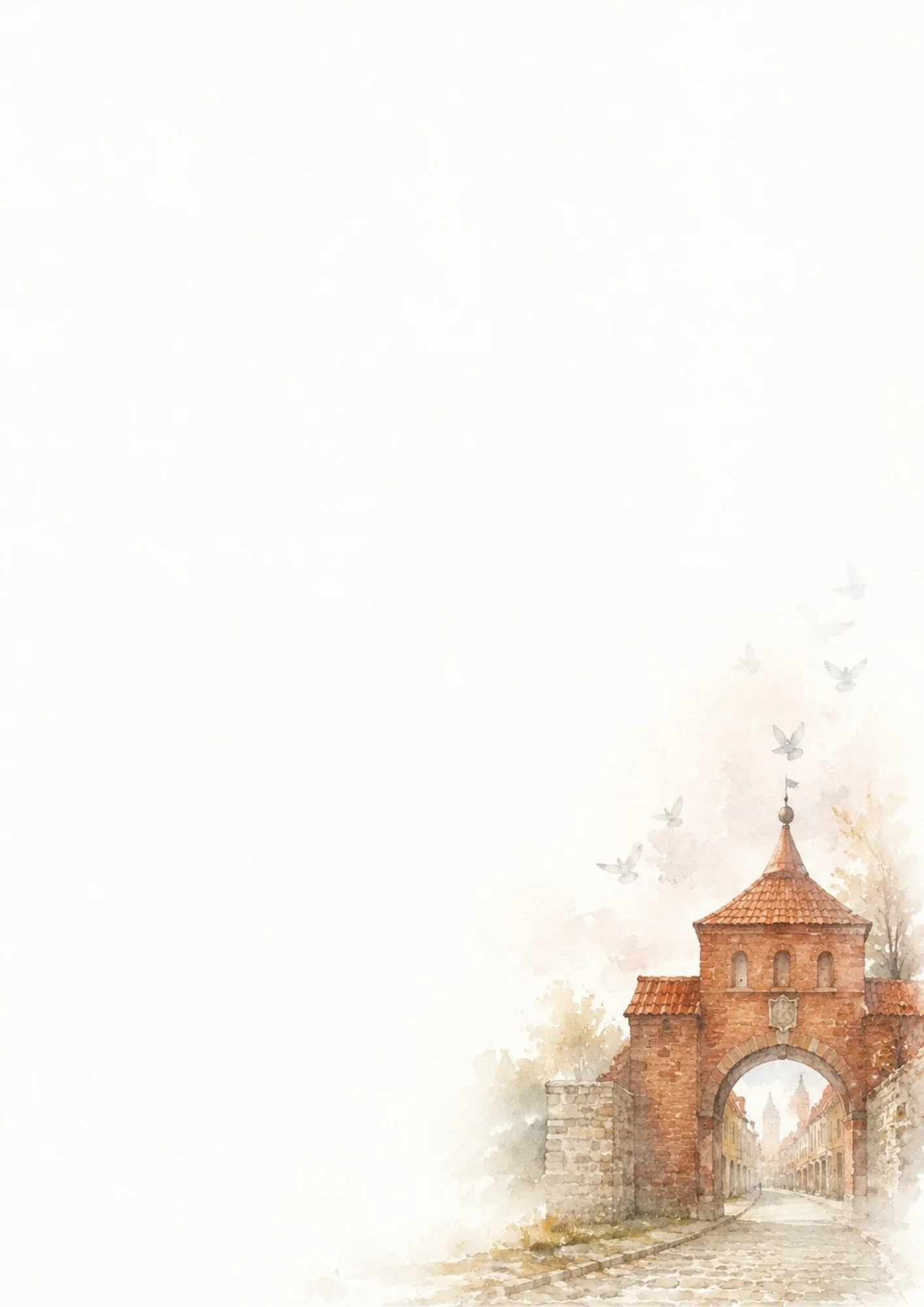 Watercolor illustration of a red brick barbican gate and archway with a cobbled street and flying birds on the bottom right of a blank writing page.