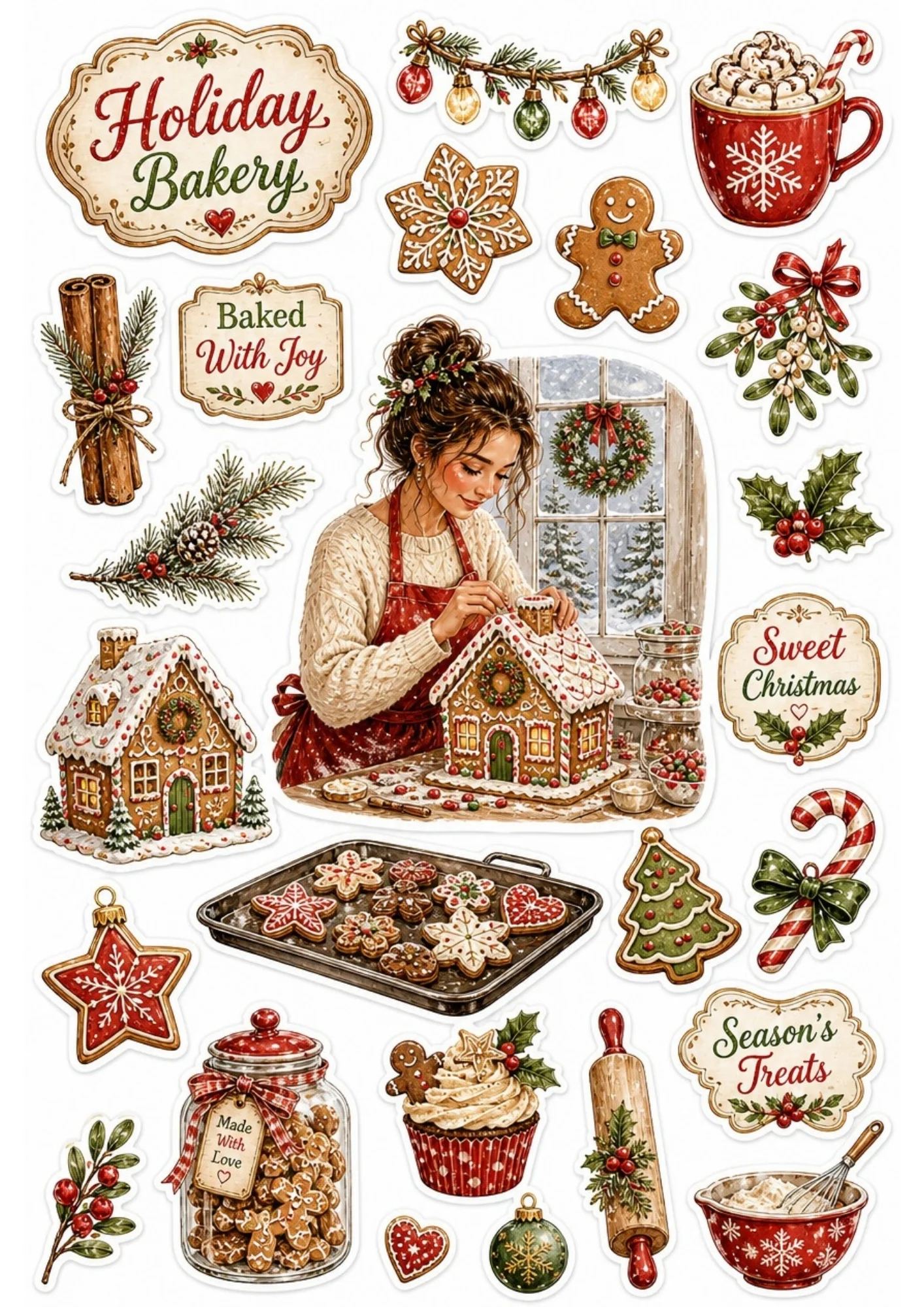 A girl decorating a large gingerbread house. Surrounding stickers include gingerbread men, peppermint candy canes, and text saying 'Holiday Bakery' and 'Baked With Joy'.