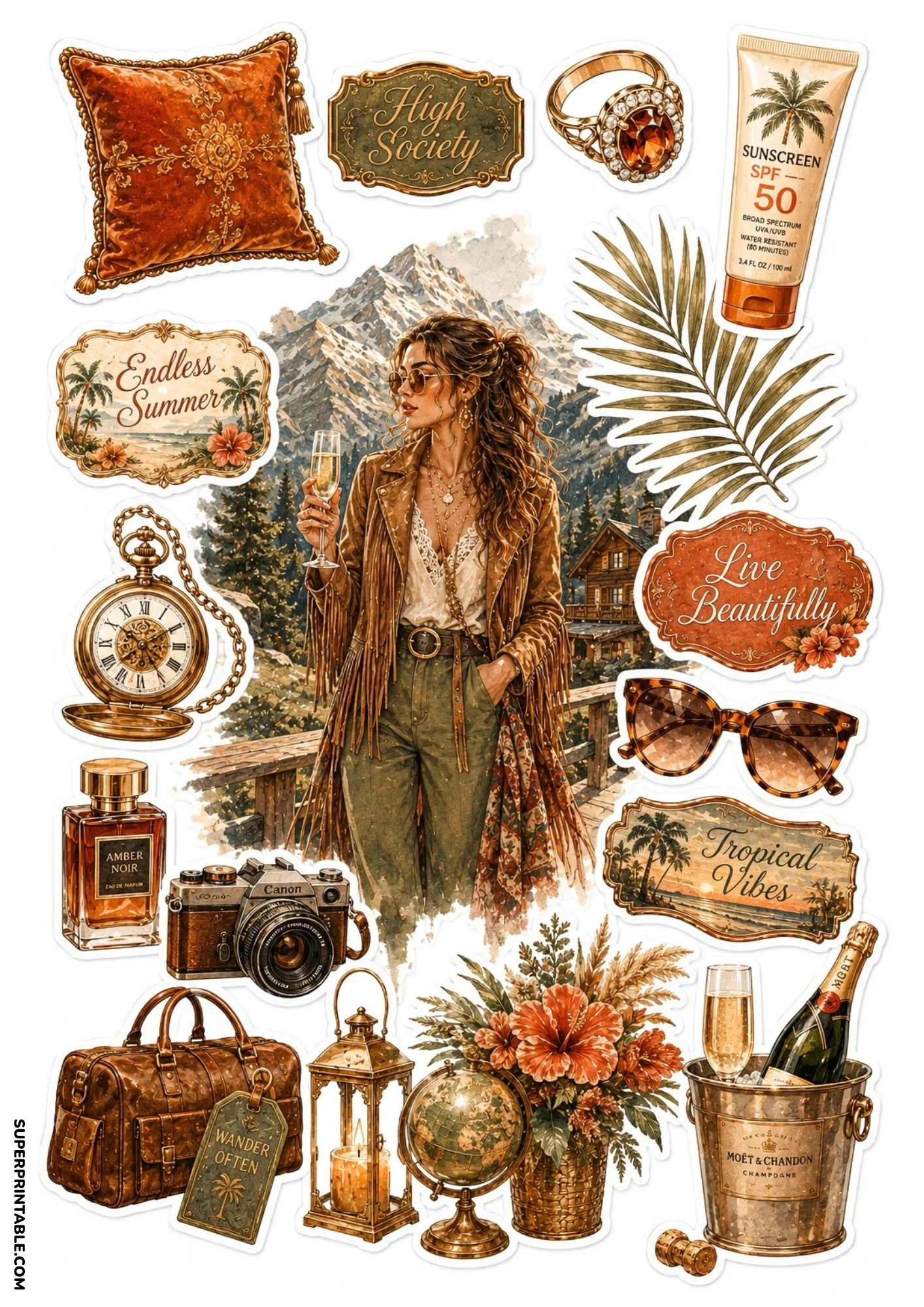 Earthy watercolor sticker sheet depicting a woman in a leather fringe jacket in the mountains, surrounded by champagne buckets, vintage cameras, pocket watches, and travel luggage.
