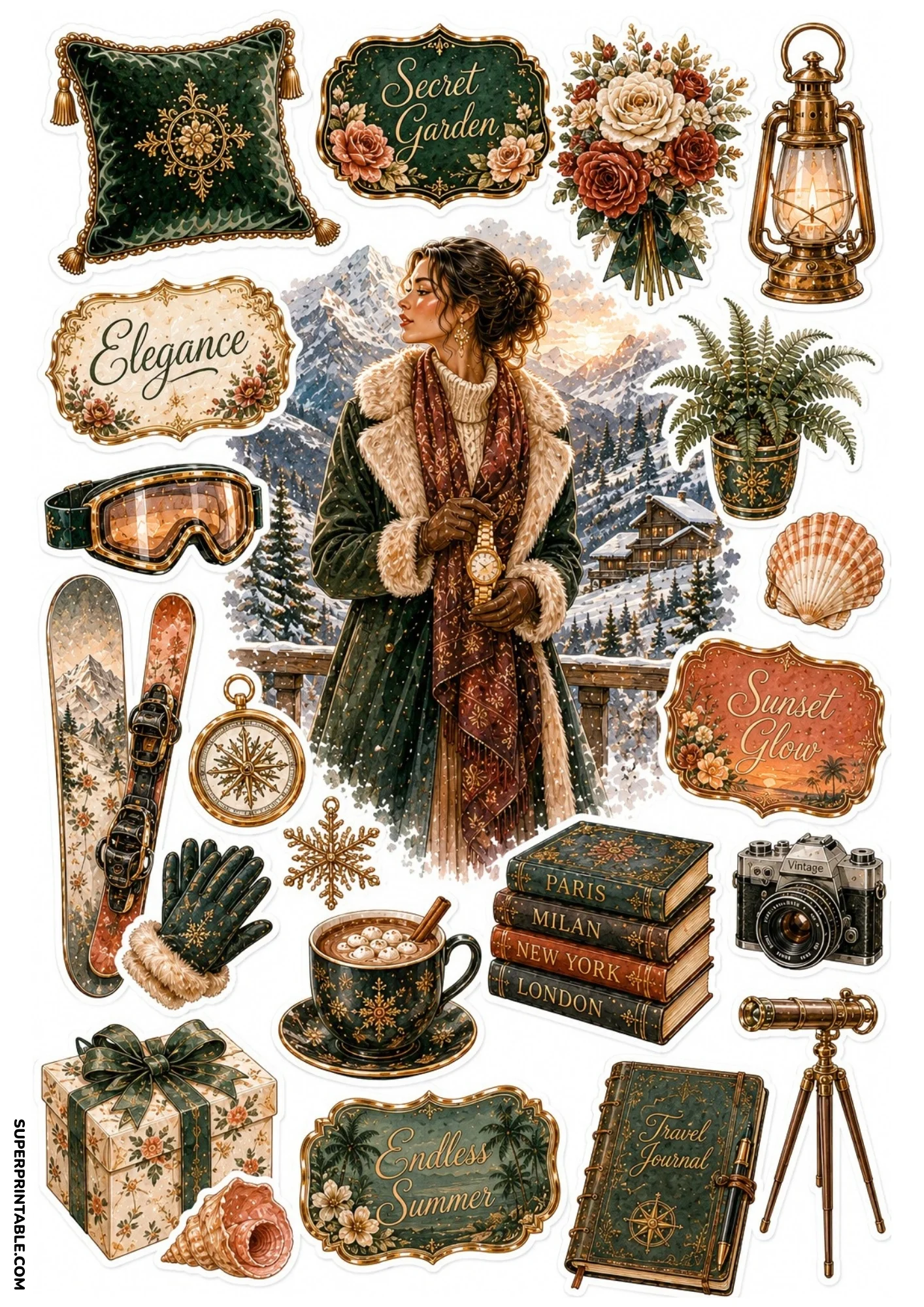 Forest green alpine sticker sheet showing a woman in a fur-trimmed coat against snow mountains, surrounded by brass telescopes, skis, compasses, and stacked books.