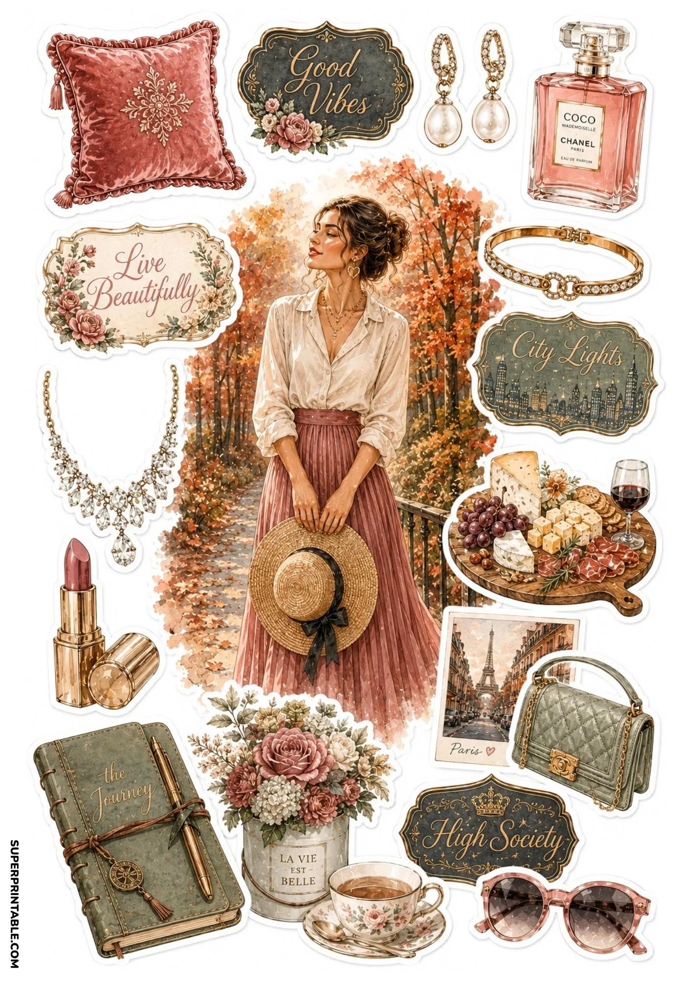 Autumn-themed printable sticker sheet centered on a woman walking through fall trees, surrounded by charcuterie boards, leather journals, pearl earrings, and quilted handbags.