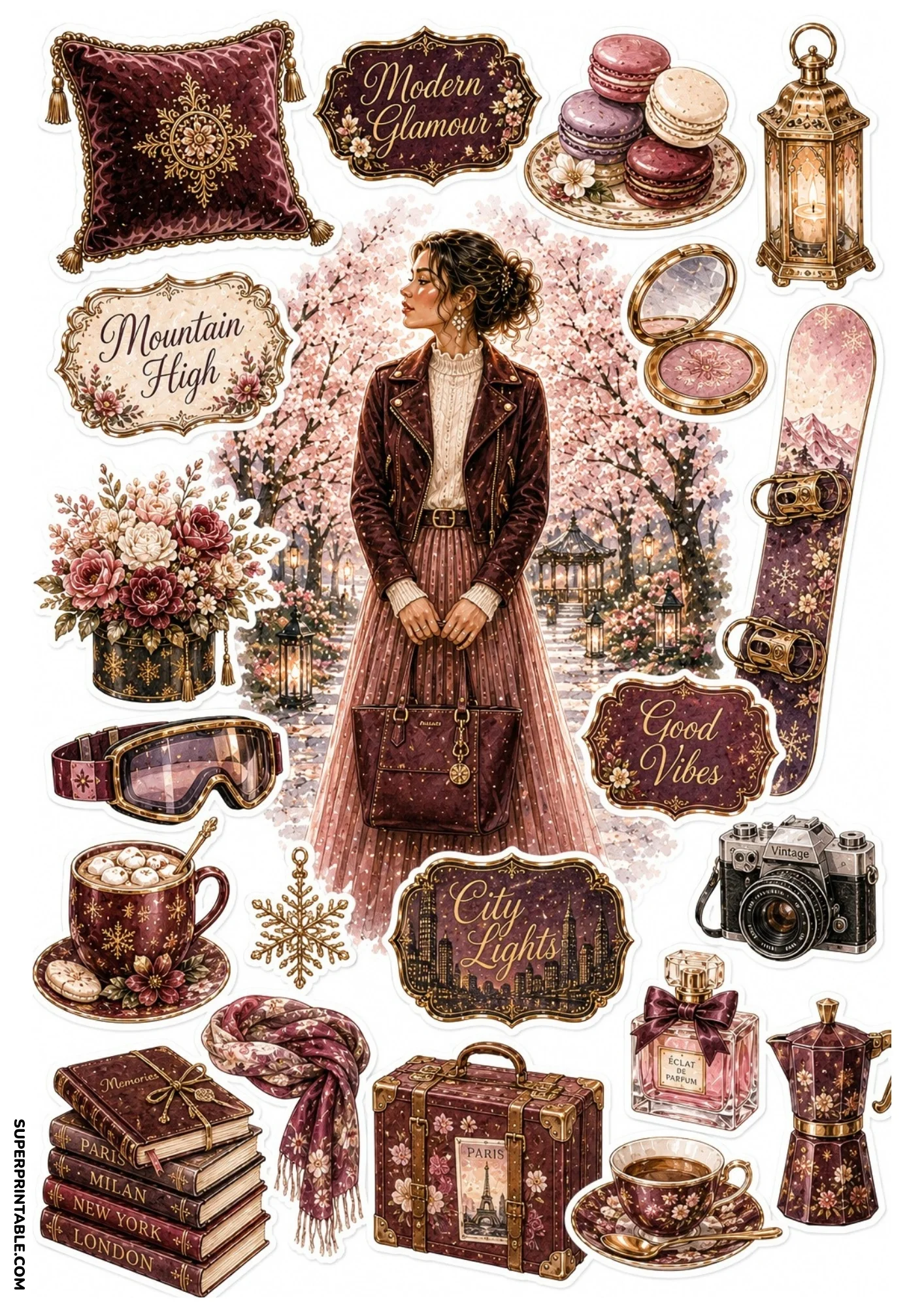 Deep plum and burgundy sticker sheet illustrating a woman in a leather jacket amidst cherry blossoms, with stickers of moka pots, snowboards, flower boxes, and leather suitcases.