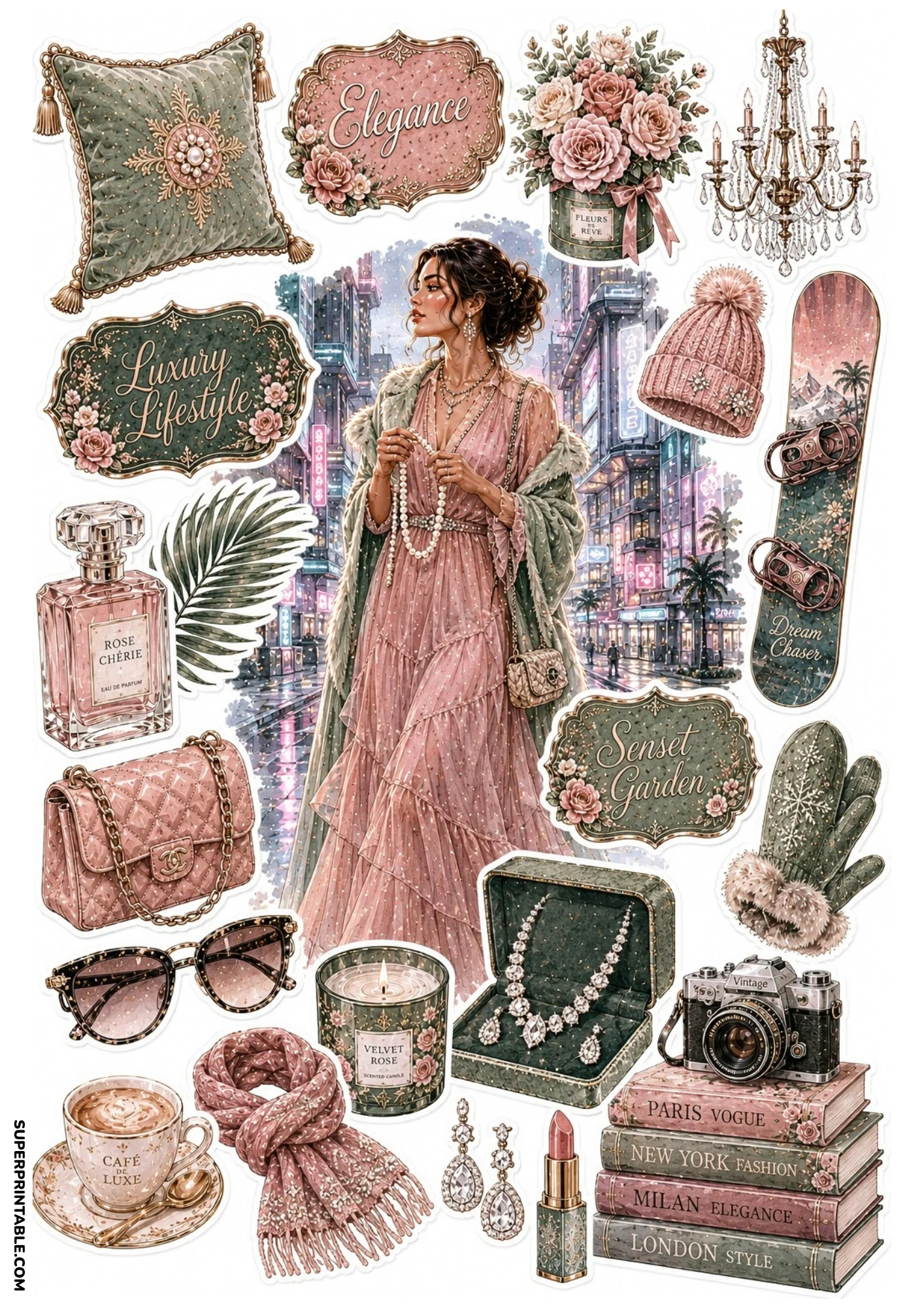 Pink and sage green sticker sheet displaying a woman in a pink tiered gown on a city street, accompanied by jewelry boxes, crystal chandeliers, snowboards, and perfume bottles.