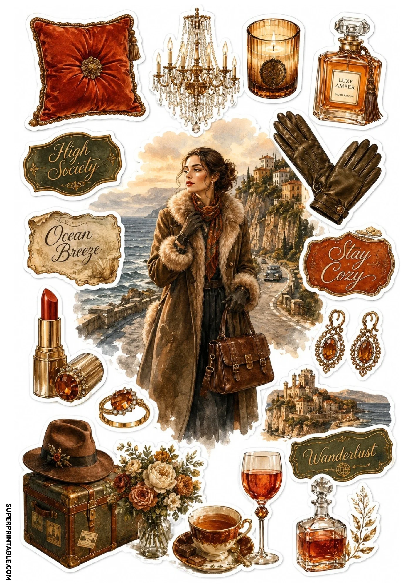 Printable sticker sheet featuring a woman in a fur-trimmed coat on a coastal road, surrounded by stickers of red velvet pillows, perfume bottles, chandeliers, leather gloves, wine, and travel text badges.