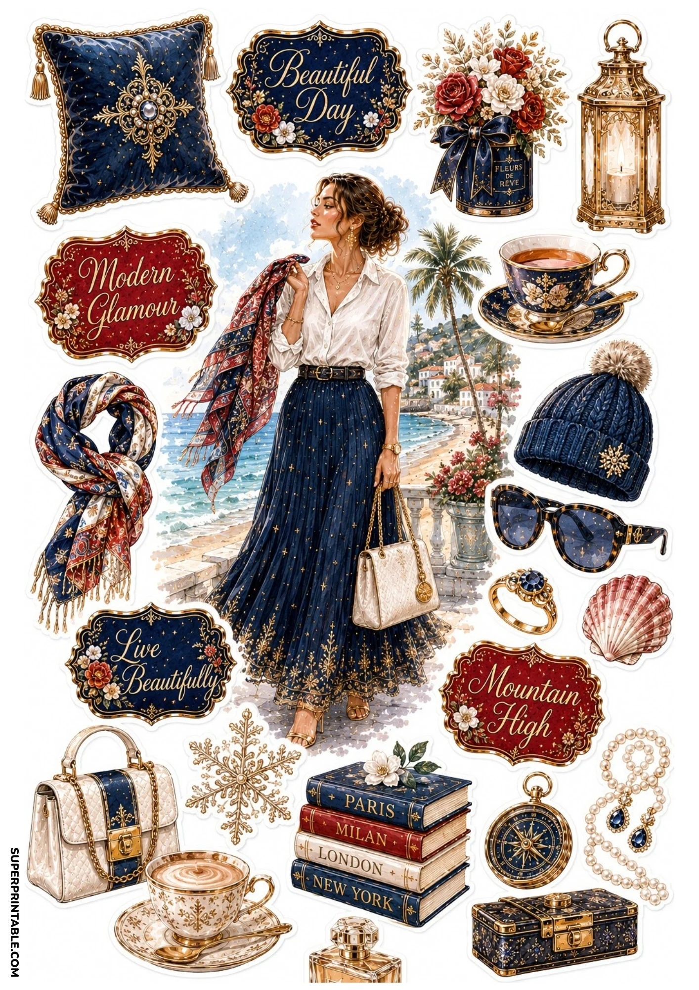 Coastal navy blue sticker sheet featuring a woman in a star-patterned maxi skirt by the ocean, surrounded by navy books, gold compasses, pearl necklaces, and white leather handbags.