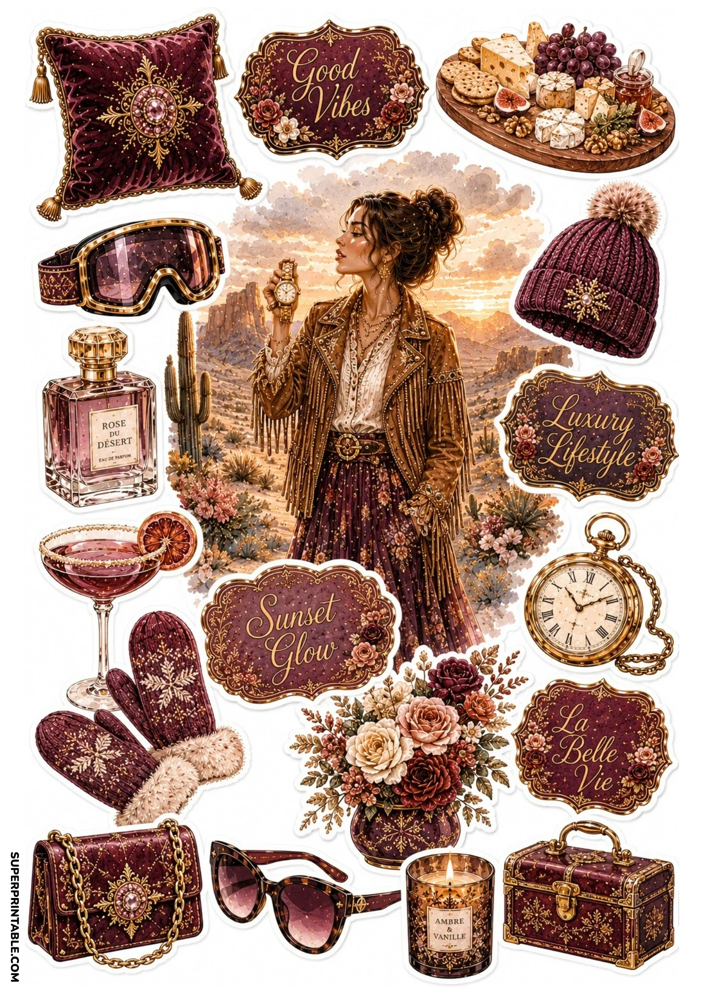 Warm burgundy desert sticker sheet illustrating a woman in a fringe jacket among cacti at sunset, flanked by cocktail glasses, pocket watches, winter beanies, and charcuterie boards.