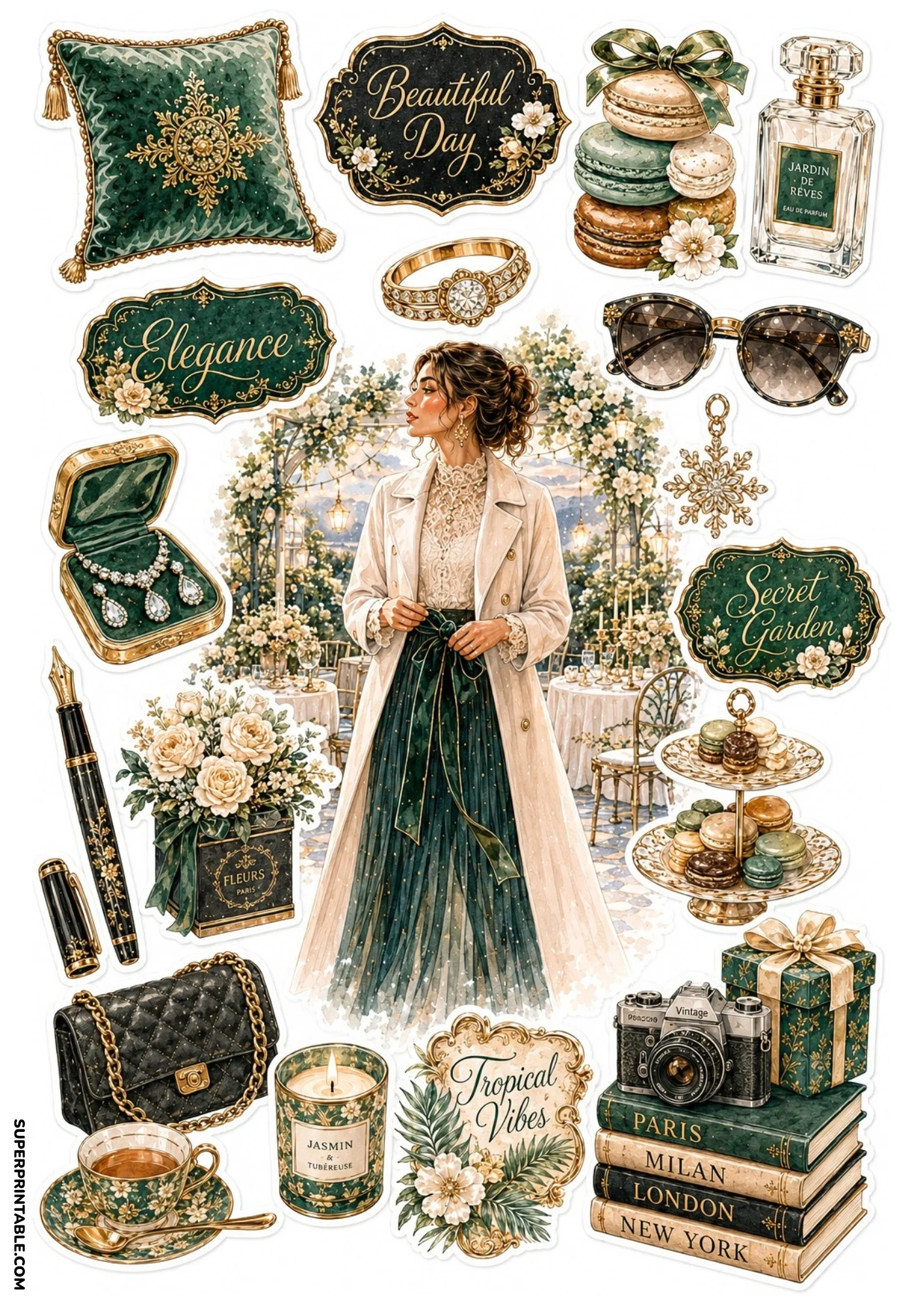 Emerald green sticker sheet depicting a woman in a trench coat standing under a floral arbor, surrounded by macarons, jewelry boxes, fountain pens, and green quilted handbags.