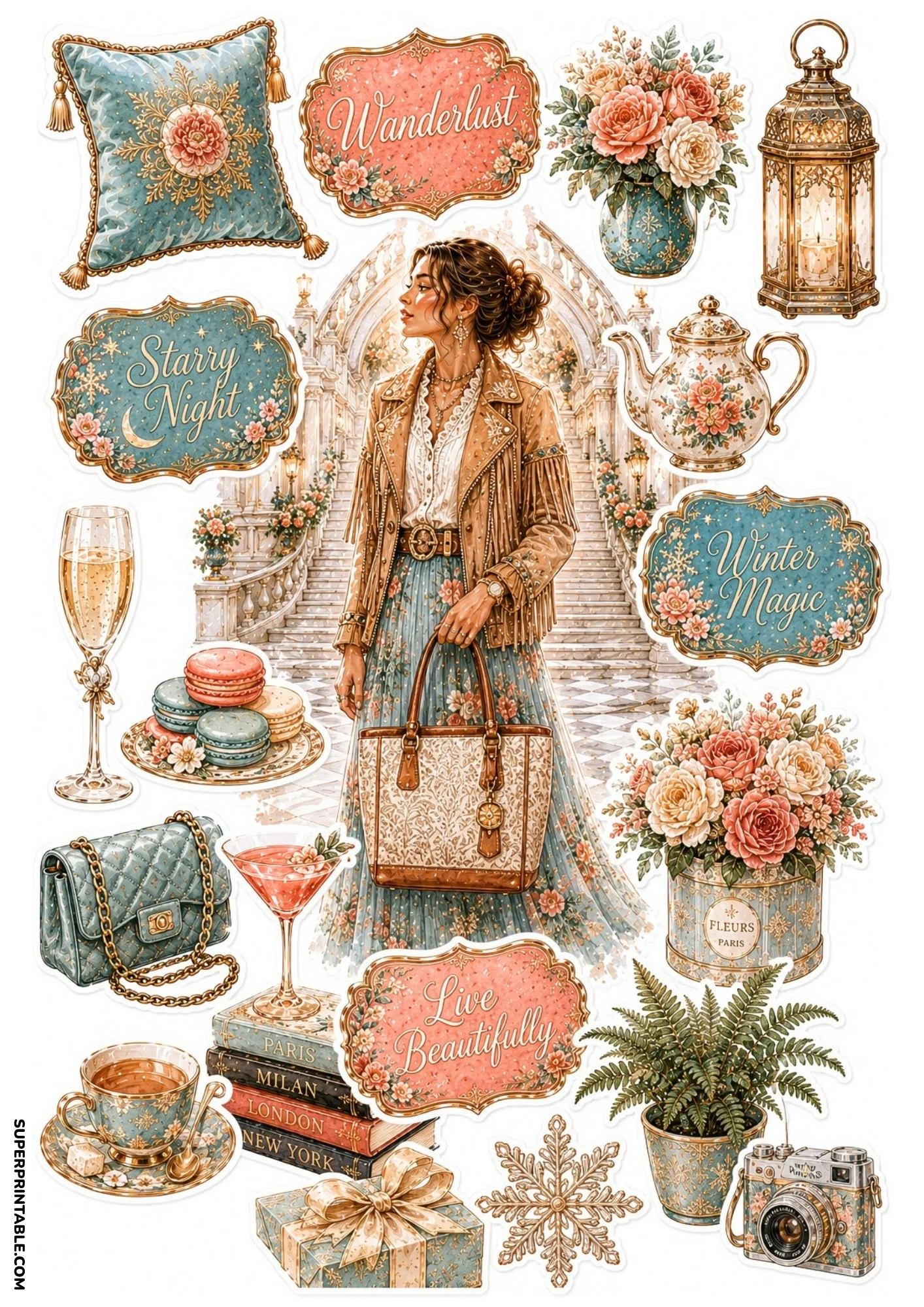 Pastel teal sticker sheet displaying a woman in a fringe jacket on marble stairs, surrounded by potted ferns, porcelain teapots, gold lanterns, and champagne glasses.